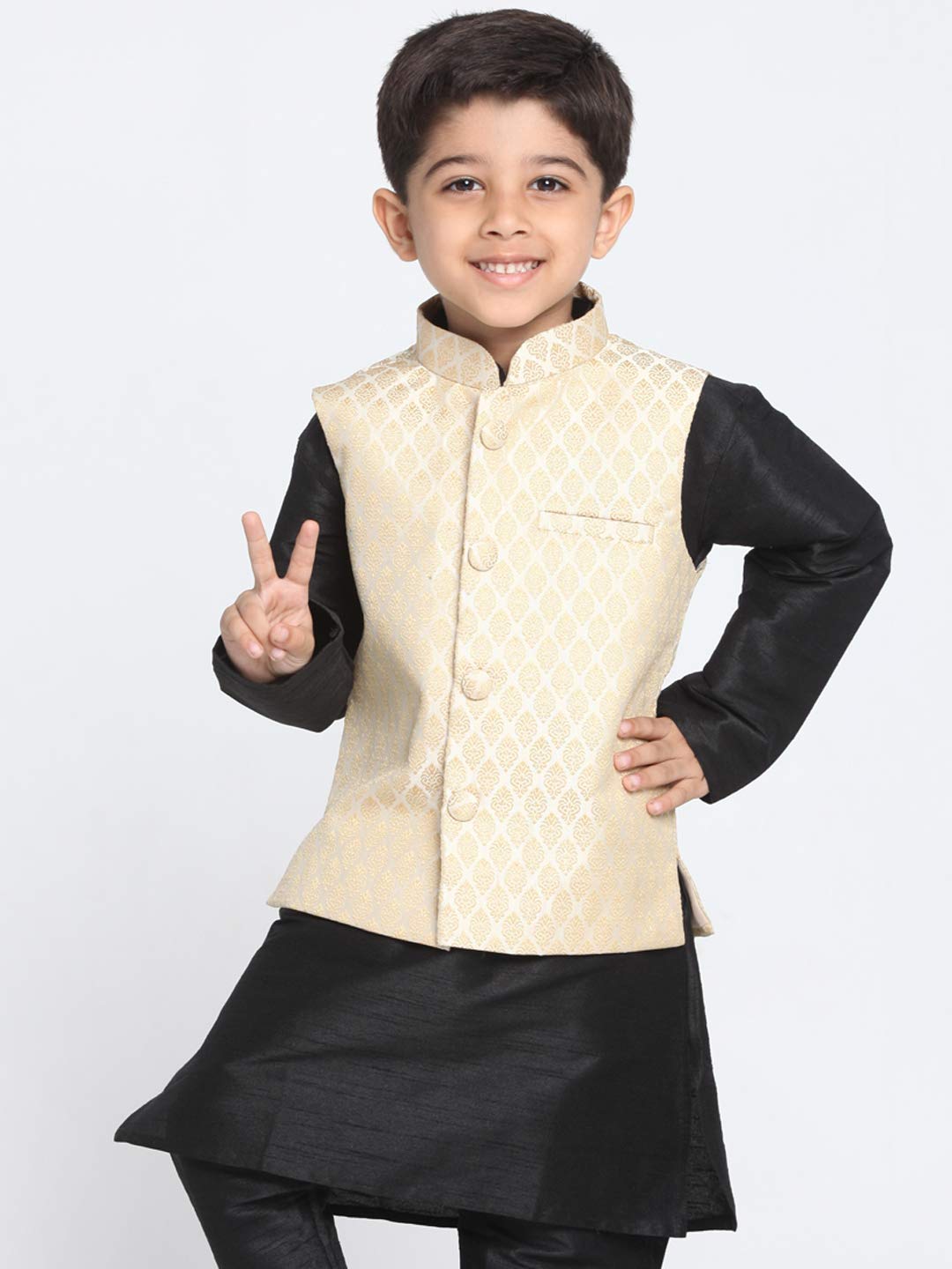 Vastramay Banarasi Brocade Woven Jacquard Nehru/Modi Jacket For Boys  Cream Ethnic Waistcoat For Weddings & Festivals