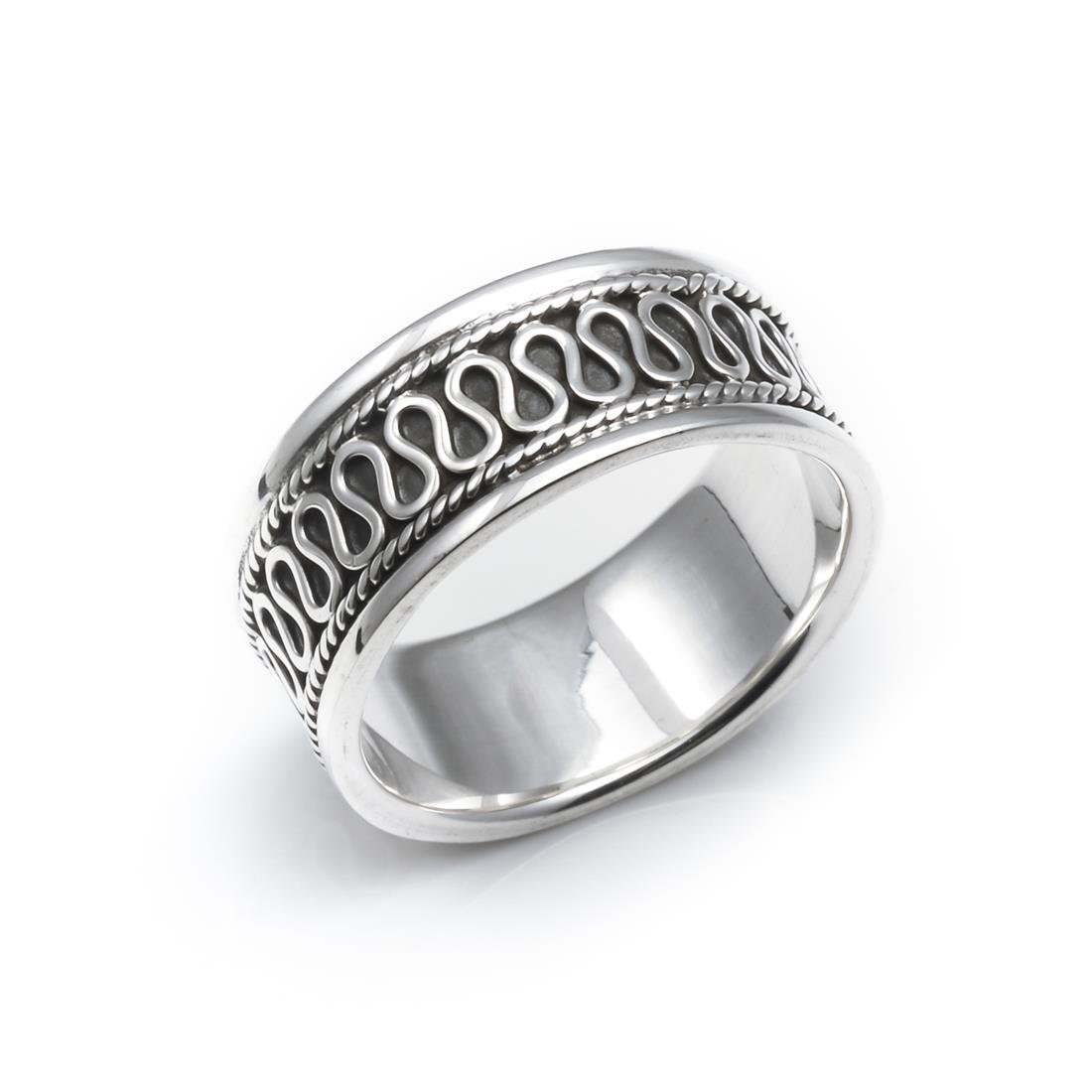 Silverly Anillo Plata de Ley Borde Plano Volutas Estilo Bali | Anillo Plata 925 Diseño Ondulado Mujer | Banda Ancha Plana Ondulada Hombre | Joyería Boho Unisex | Anillos Promesa Pareja