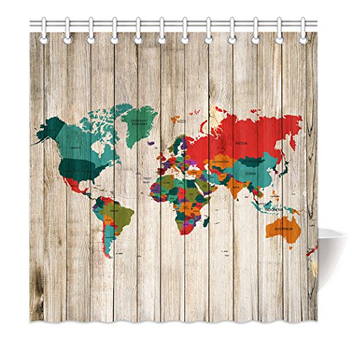 yisumei Hem Poids Rideau Rideau de douche Carte du monde bois tableau murale en bois Multicolore, Polyester, Weiß, 120(L) x 180(H) cm