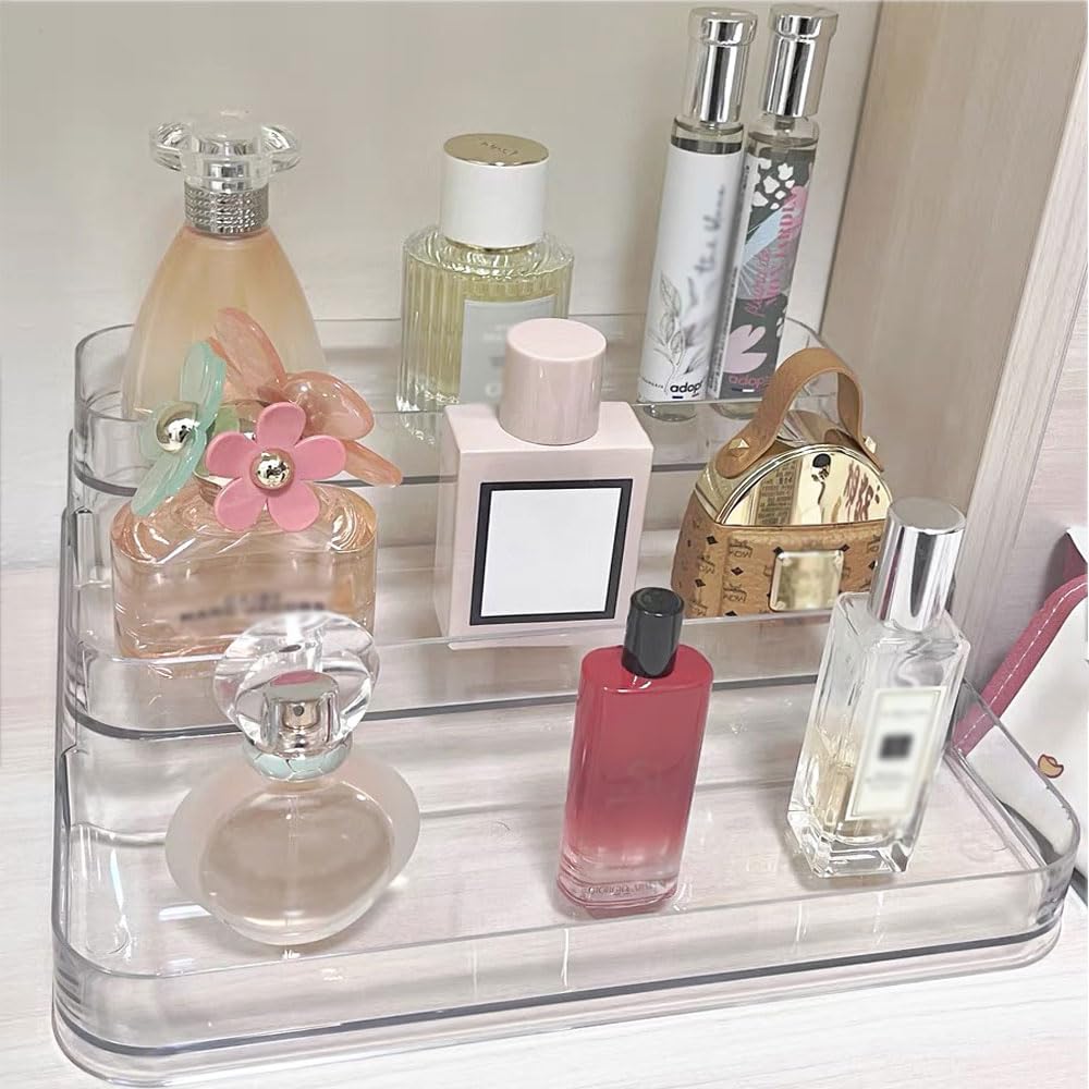 Organizer in acrilico a 3 ripiani, espositore con divisori, portaoggetti per profumi per casa, ufficio e negozi: figurine Funko, giocattoli, cupcake, prodotti alimentari, profumi e cosmetici