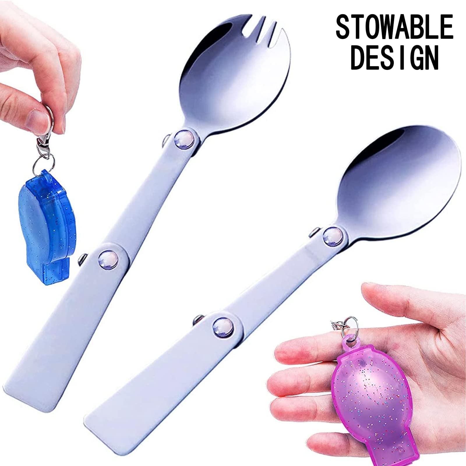 2 Piezas Tenedores y Cucharas Plegables, Cucharas de Ensalada Plegables, Vajilla Plegable, Duradero y Fuerte, für Pícnic Al Aire Libre, Oficina, Comidas Escolares (Rosa, Azul)