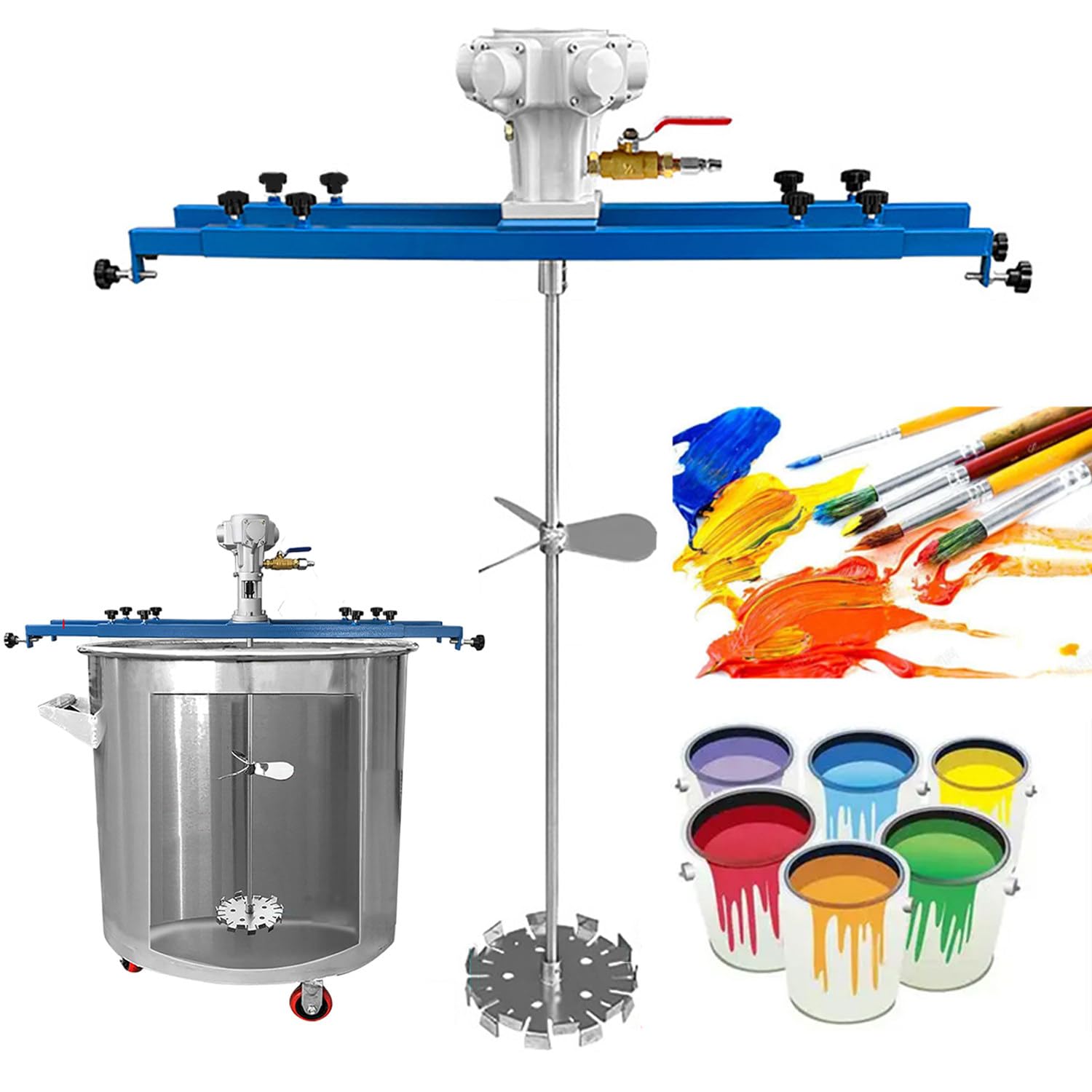 Mezclador neumático, acero inoxidable de 5 cilindros, barril abierto, ajustable 720-1200 mm con varilla agitadora de 960 mm e impulsor de 220/250 mm, diámetro de 15 mm para una mezcla eficiente