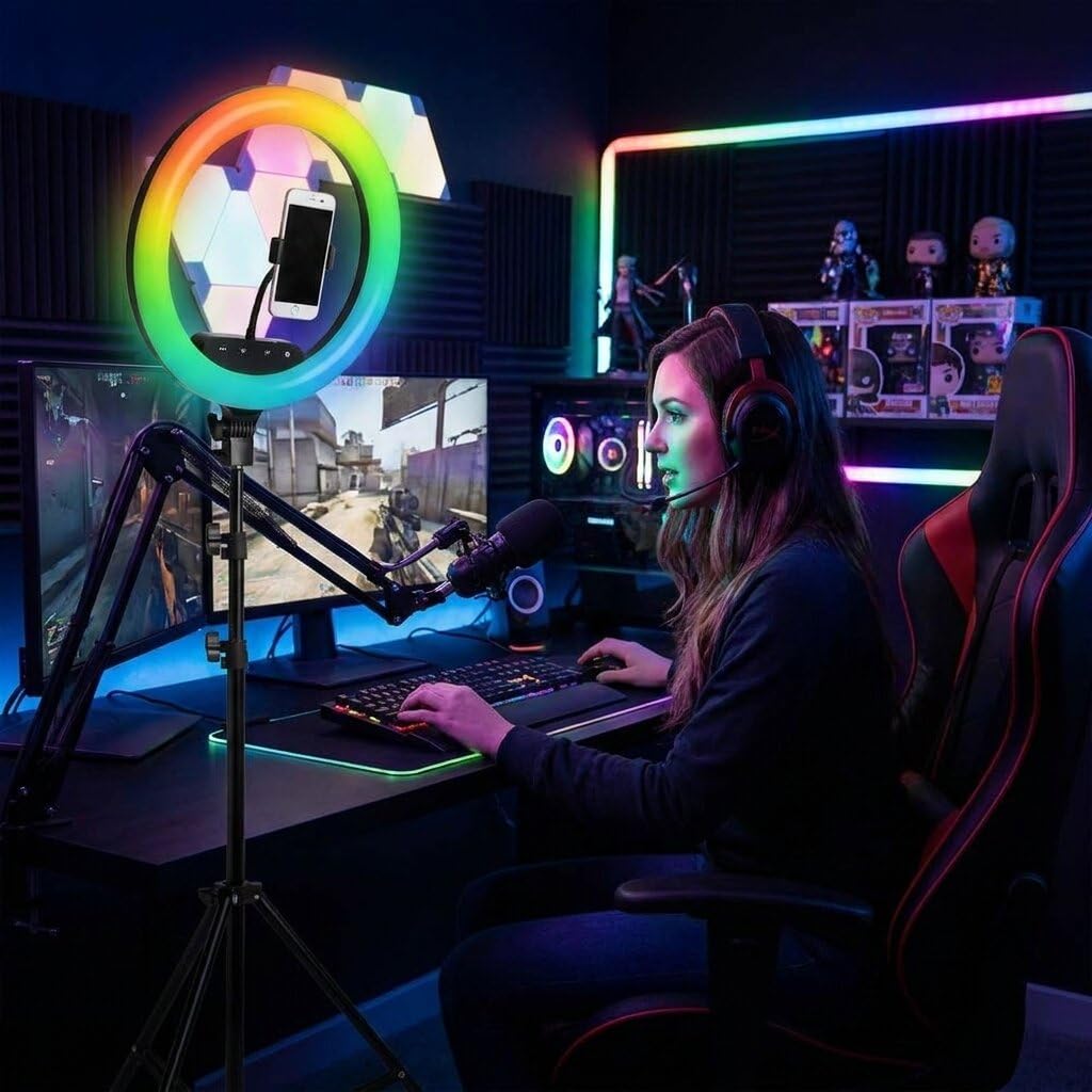Luméon 36 cm RGB Ringlicht mit Stativ – 14 Zoll LED Fotolicht mit 39 Farben & Effekten, inkl. Fernbedienung & 2 Handyhalterungen für TikTok & YouTube