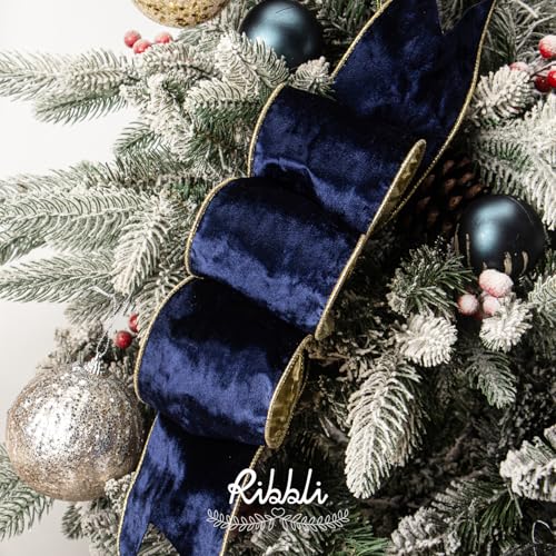 Image of Ribbli Navy Velvet Wired Ribbon 4 Inch Metallic Navy Gold Crushed Velvet Christmas Ribbon for Gift Wrapping Christmas Tree Decoration Crafts Wreaths Supplies-Continuous 10 Yards