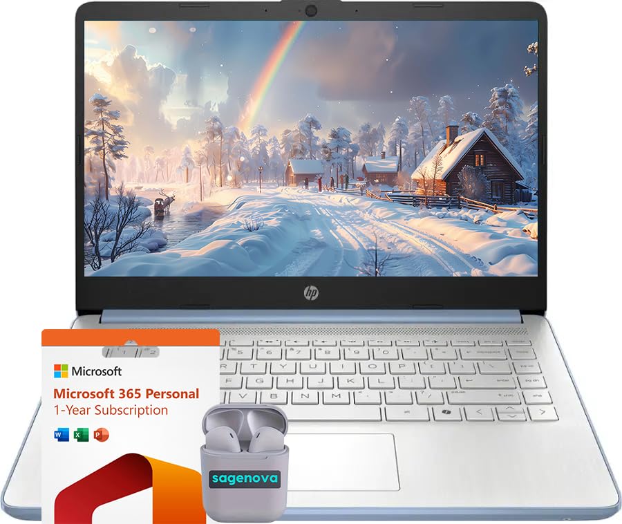 Image of HP 14 inch Business Laptop Computer with Microsoft Office 365, 4-Core Intel Processor, 128GB Storage, 4GB RAM, Windows 11, SageNova Earphones, Sky Blue