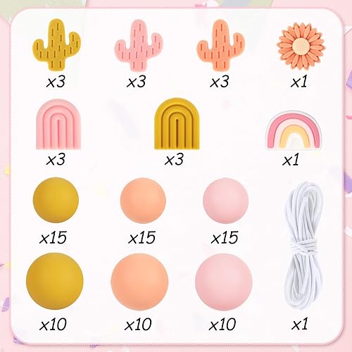 Miniatura 3 de AnyDesign 92 cuentas de silicona bohemias con cuerda bohemia con forma de cactus arco iris, cuentas espaciadoras redondas sueltas de silicona