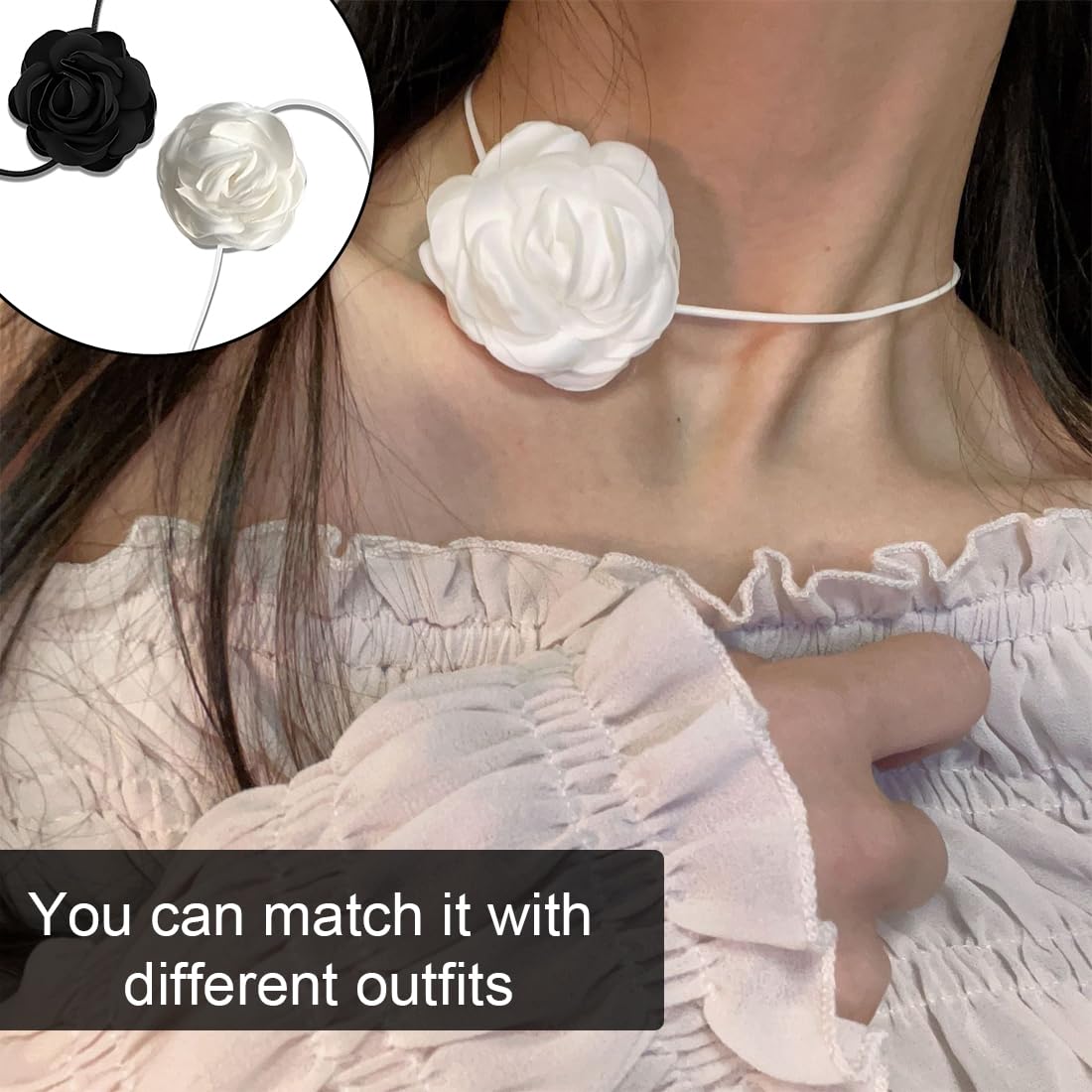 2 Collane Con Fiore In Velluto Regolabili Per Donna - Bianco E Nero - Gioiello Scaramanzia Per Sposa, Compleanno E Festa