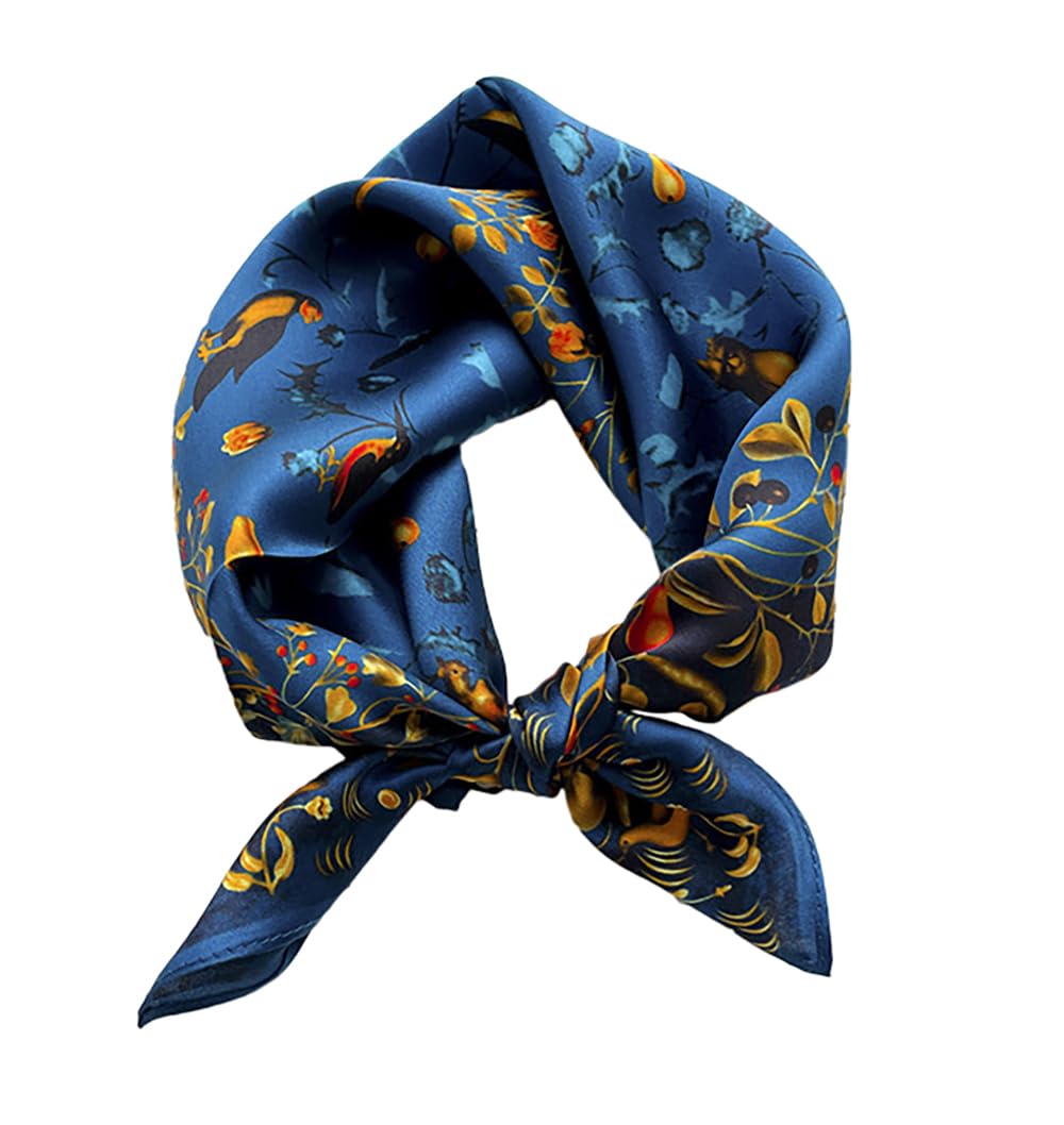 MEISEE Mulberry Silk Scarfs Women Small Square Scarf 21" x 21" Breathable Lightweight Neckerchief Headscarf, Blue Flowers and Birds, 21in