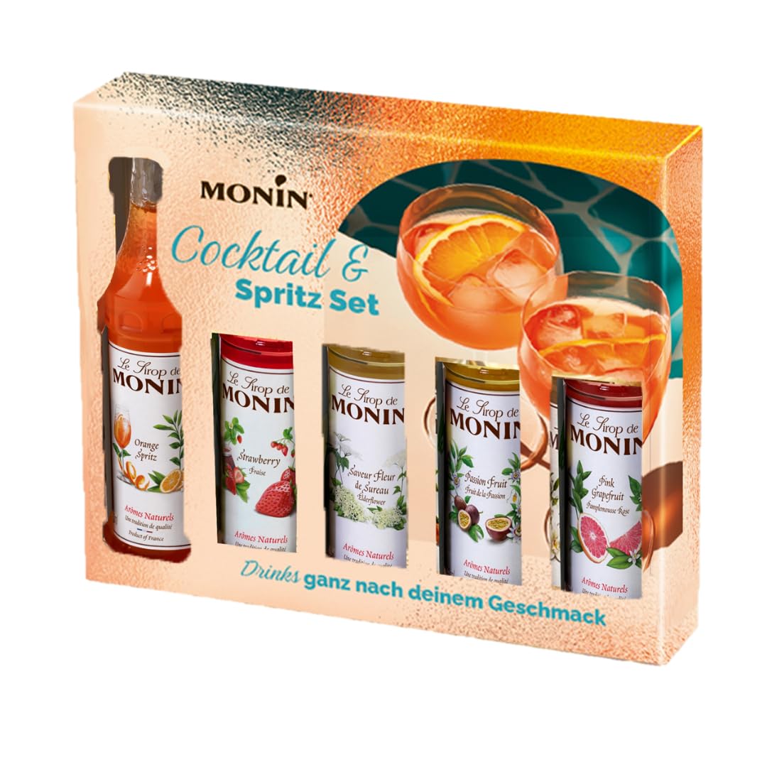 Monin Sirup Set Cocktail, Spritz & Aperitif 5×5 cl | Erdbeere, Pink Grapefruit, Orange Spritz, Passionsfrucht, Holunderblüte