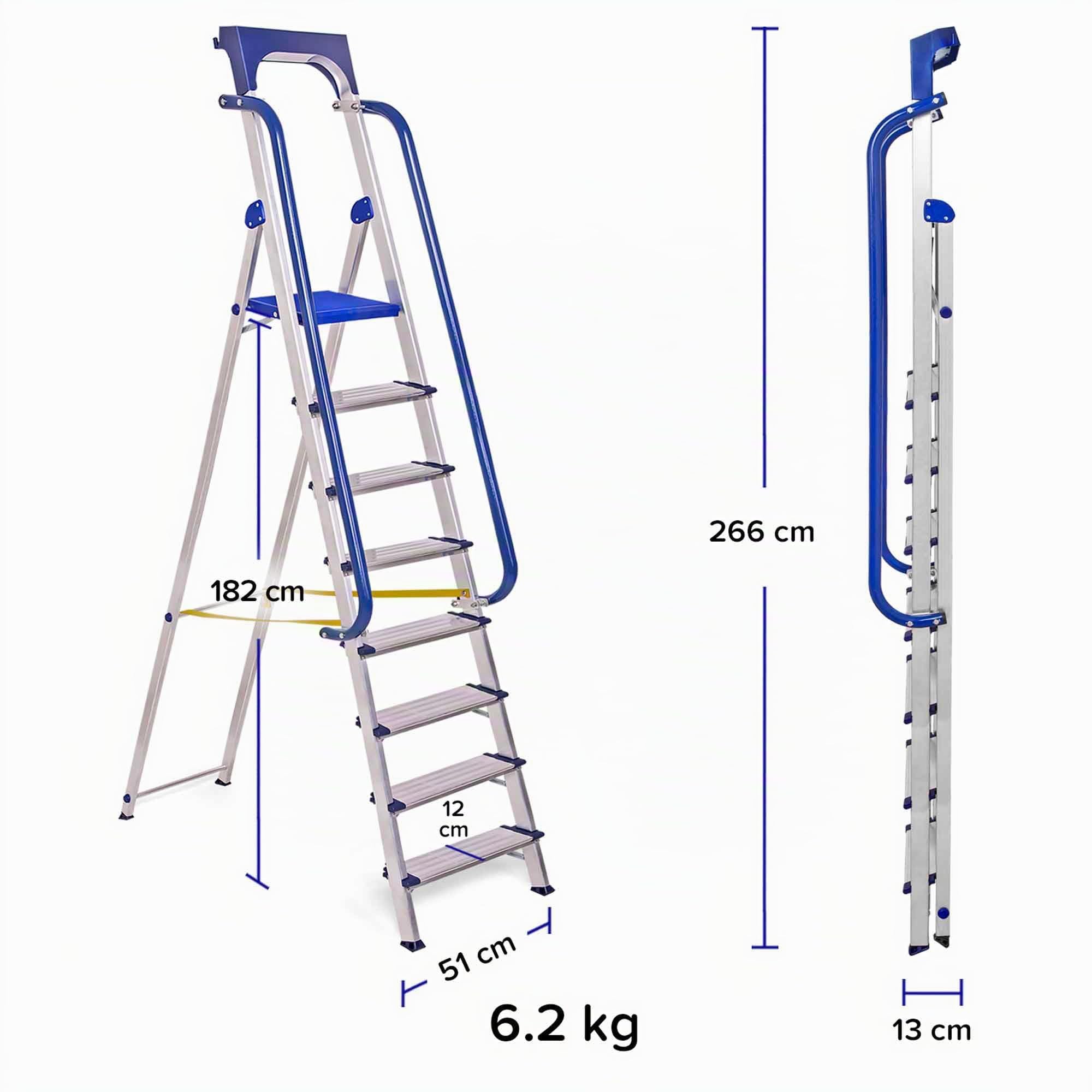 HOSTRÖM Escalera de Tijera de 8 peldaños Secure Pro, Aluminio Reforzado, Segura con barandillas, Bandeja portaherramientas, Altura de Plataforma 182 cm, garantía de 5 años