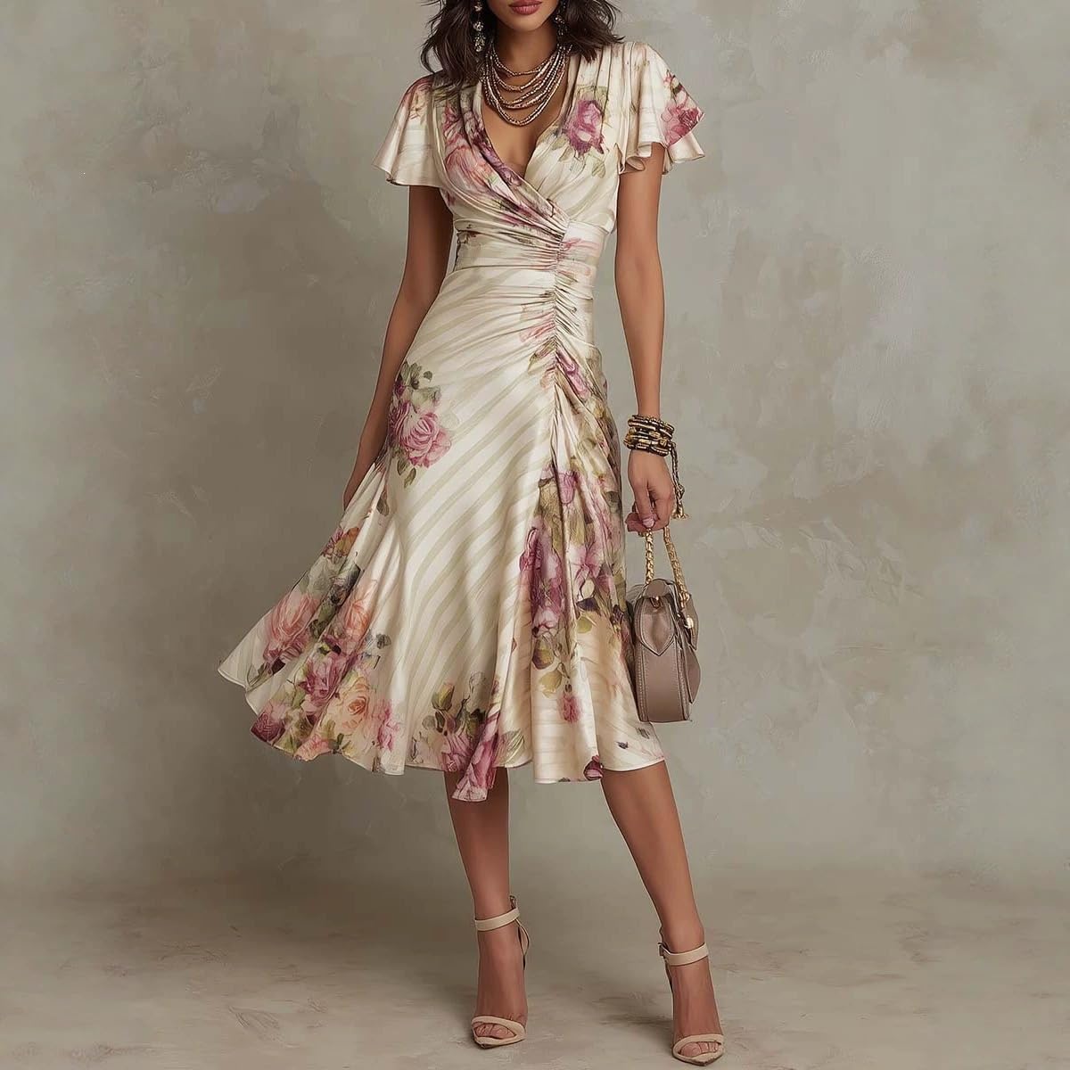 Vestido frugado con Estampado Floral Informal - Conjunto de Verano para Mujer