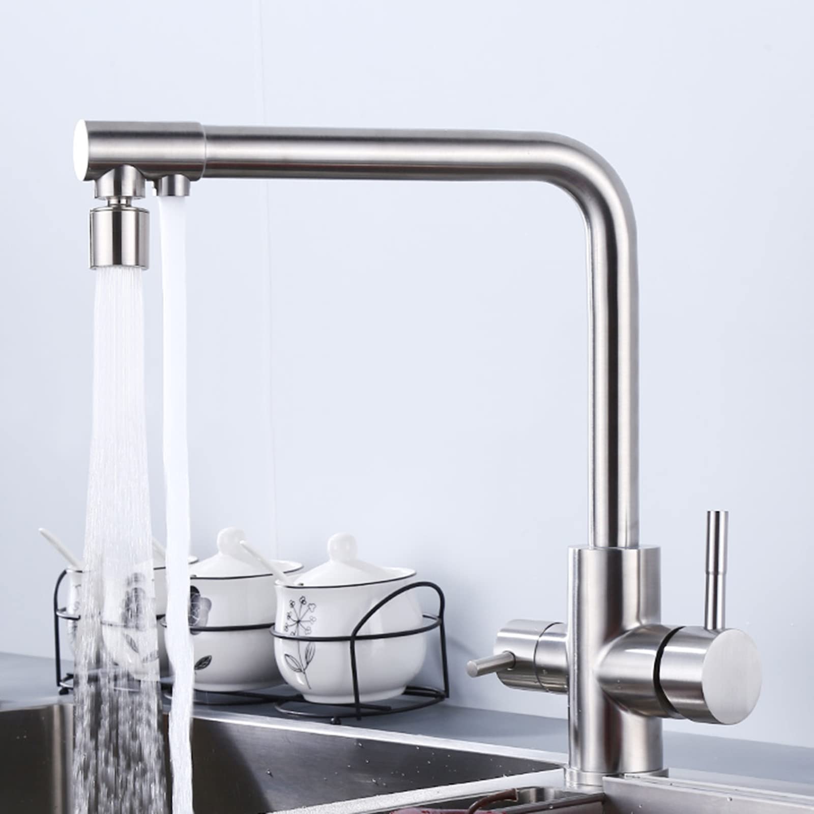 ZYCHSJXA 3 Way Kitchen Faucet Stainless Steel Brushed Hot and Cold Water Pure Rotating Sink Faucet-B(Color:B)