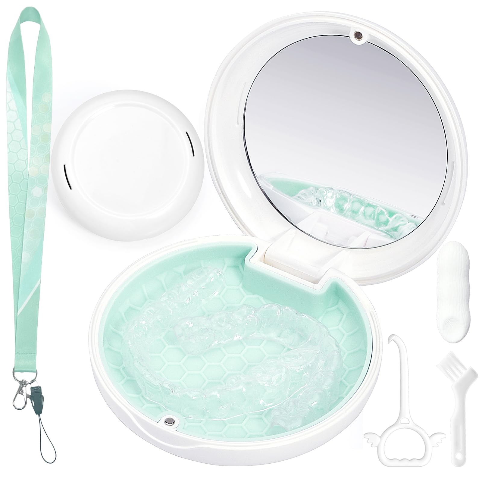 Gaboolo Retainer Case with Mirror and Lanyard,Slim Aligner Case with Vent Holes,Cute Dental Brace Box with Retainer Removal Tool and Brush (White