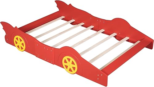 Miniatura 78 de Cama de plataforma en forma de auto de carreras con ruedas, cama de plataforma de madera tamaño individual con barandilla, cama de plataforma para