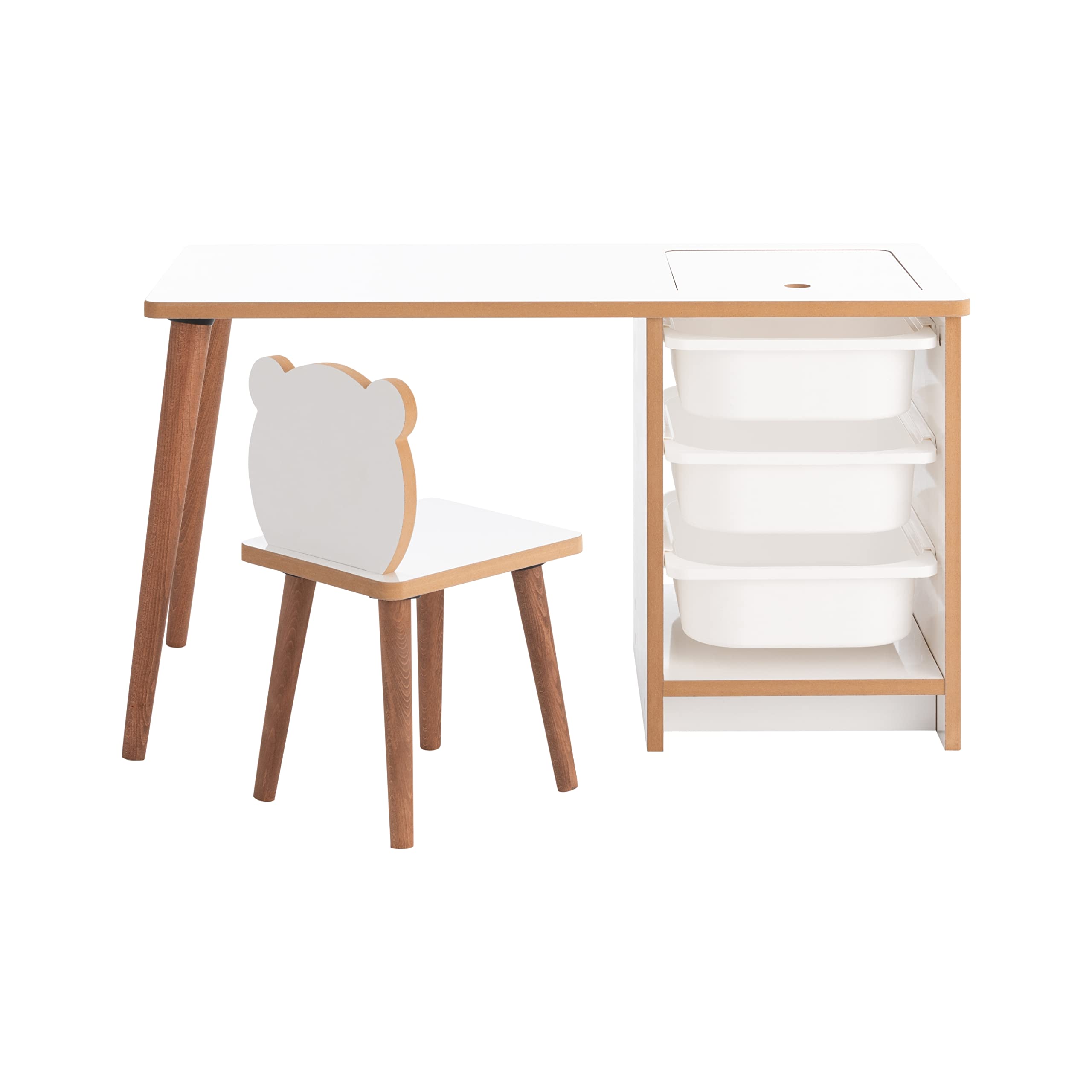 Escritorio Infantil con Silla y Cajones, Pupitre Infantil con Guarda Objetos, Mesa de Juegos para Niños, Muebles para Niños Color Blanco y Madera de 90 x 42 x 51 cm. Soho