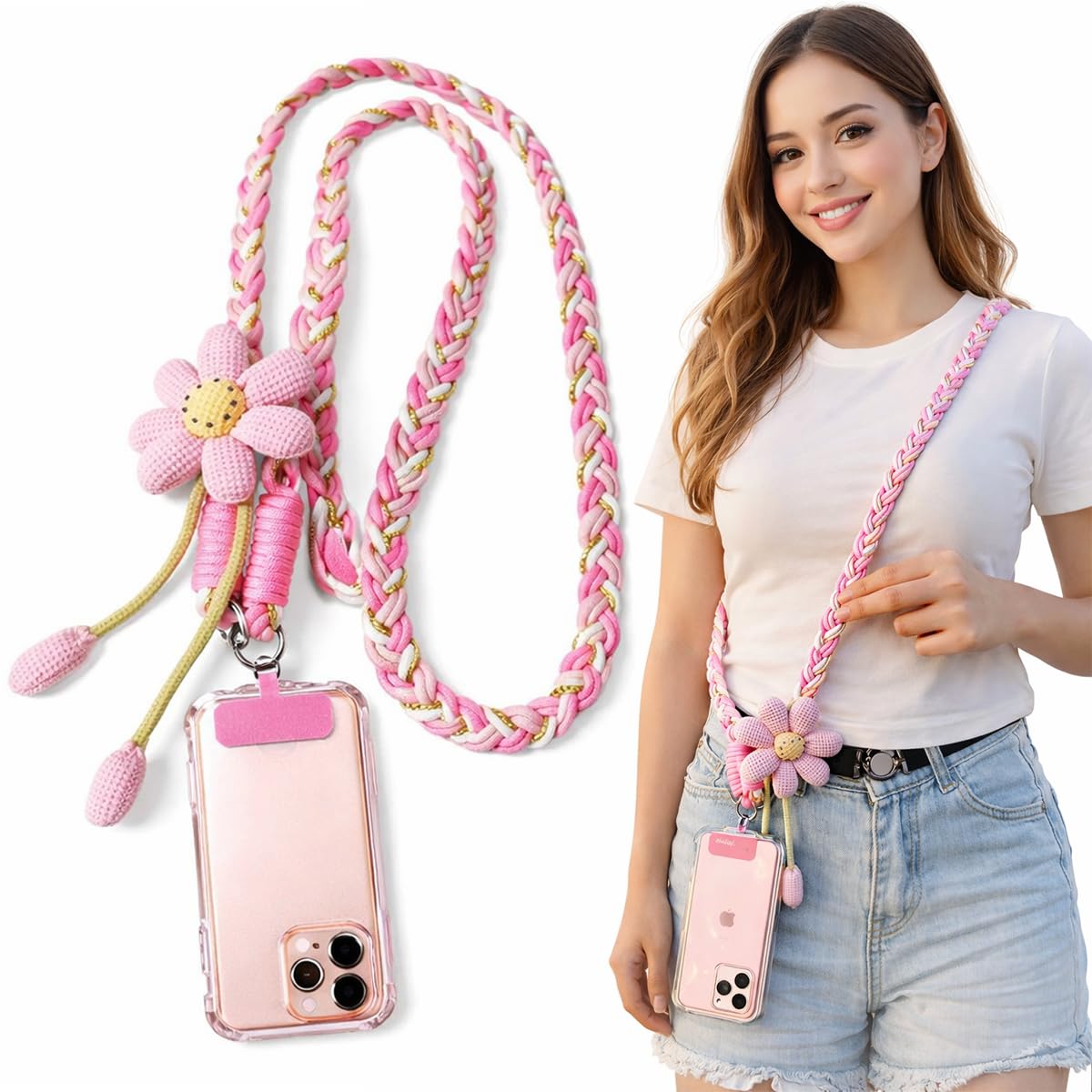 Lyrovo Mobile Phone Lanyard for Women Crossbody Neck Strap with Flower (Pink)-image-33
