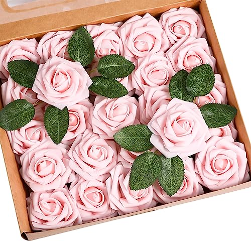 Garlag Artificial Flowers Roses, 25Pcs Real Touch Foam Roses with Stems for Wedding Bridal Bouquet Mother's Day