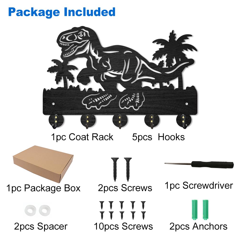 MAYJOYDIY Dinosaur Wall Mount Key Hanger, 30x20 cm, 5 Alloy Hooks, Wood Key Holder with Palm Tree Design for Gift Entryway - Image 3
