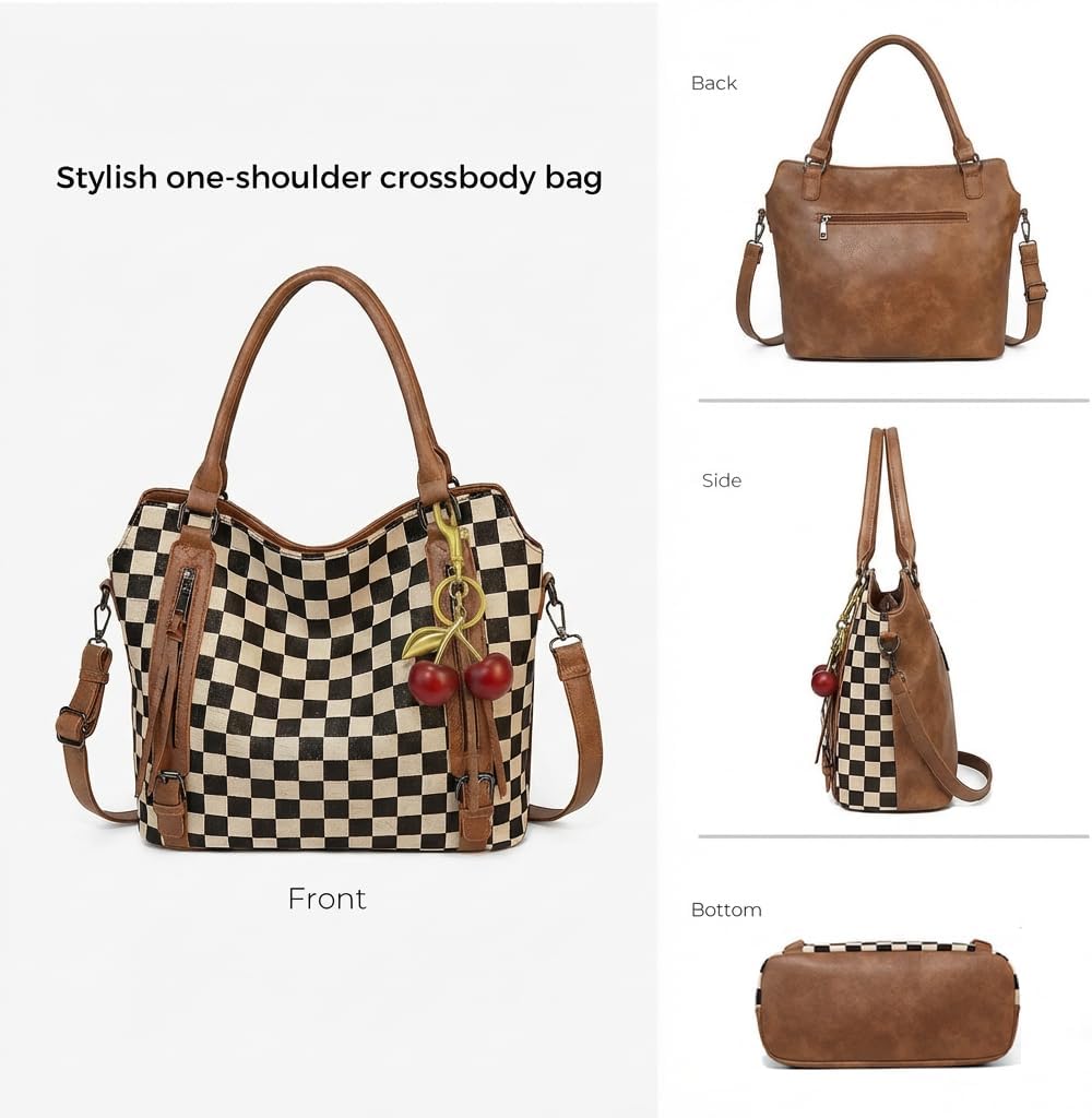 Lushandy Large Checkered Tote Bag Checkered Satchel Purse with Wallet Cherry Vintage Top Handle Hobo Handbag for Work Travel | Multi-Pocket, Cherry Keychain, Large Capacity - Image 3