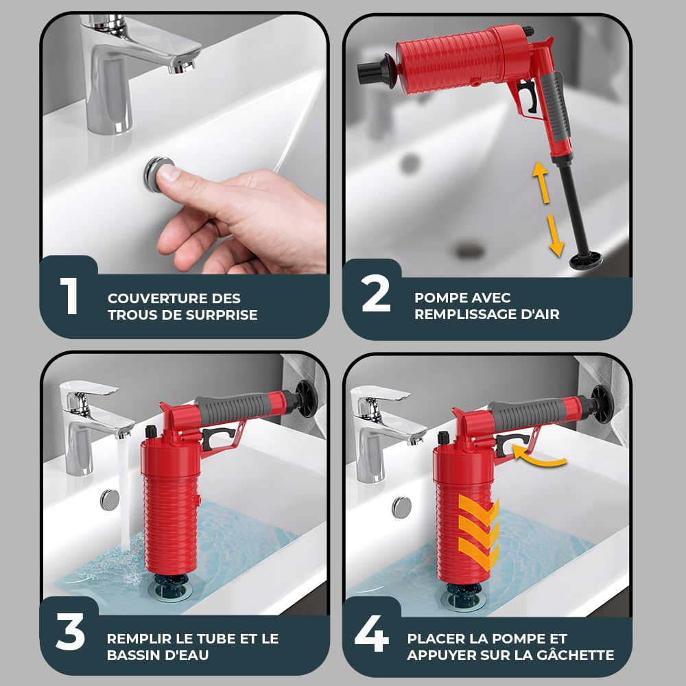 Pistolet deboucheur canalisation [3 bar] - Déboucheur à pompe pour nettoyer rapidement et efficacement les tuyaux - Deboucheur air comprime idéal pour la cuisine, la salle de bain et les toilettes !