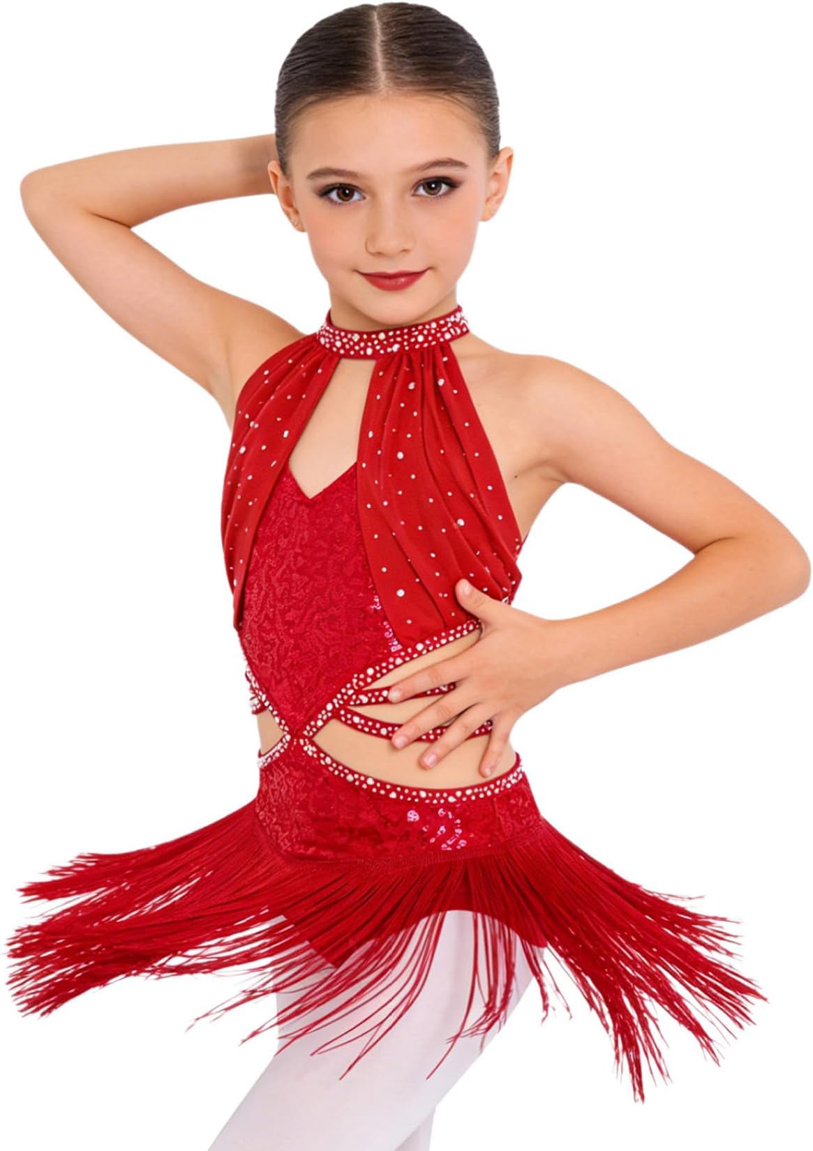 Girls Rumba Samba Ballet Skirted Leotard Cutout Waist Ballroom Dancewear Tassel Sequin Latin Dance Dress