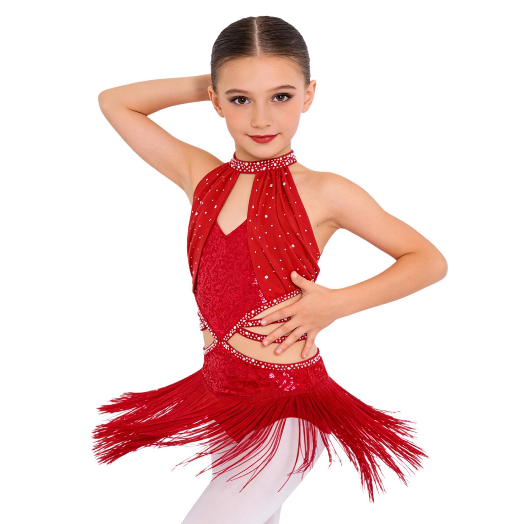 Girls Rumba Samba Ballet Skirted Leotard Cutout Waist Ballroom Dancewear Tassel Sequin Latin Dance Dress