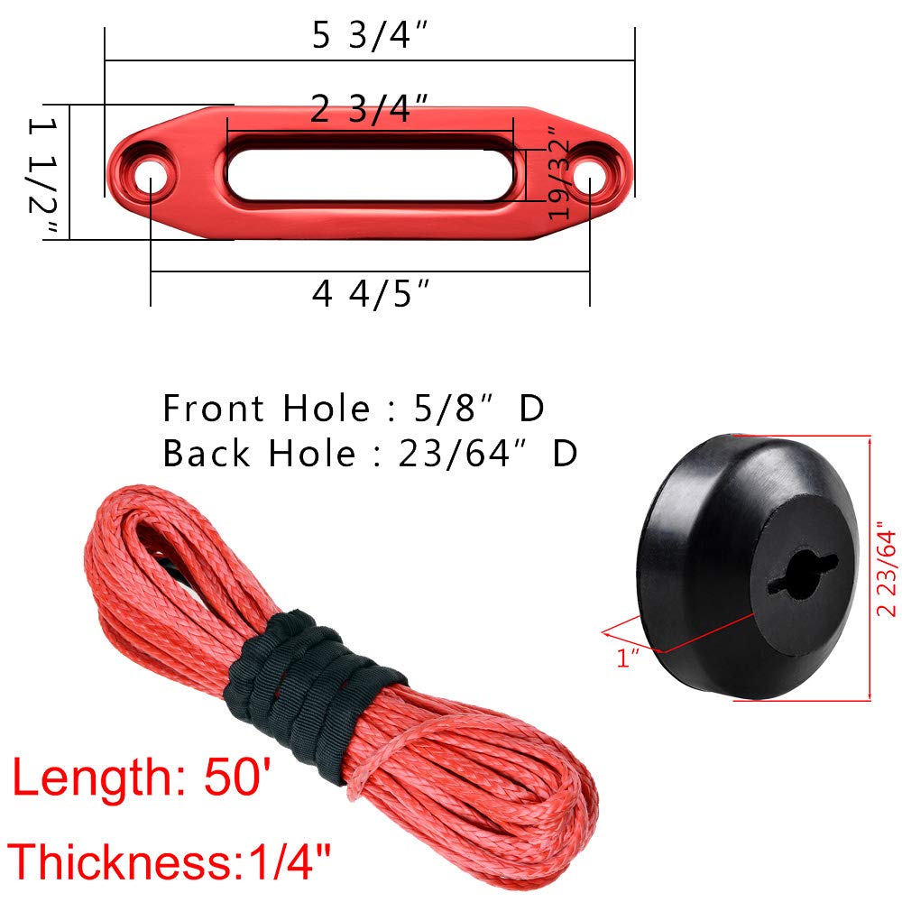 Astra Depot Aluminum Billet Hawse Fairlead Red Synthetic Winch Cable Rope 50' x 1/4