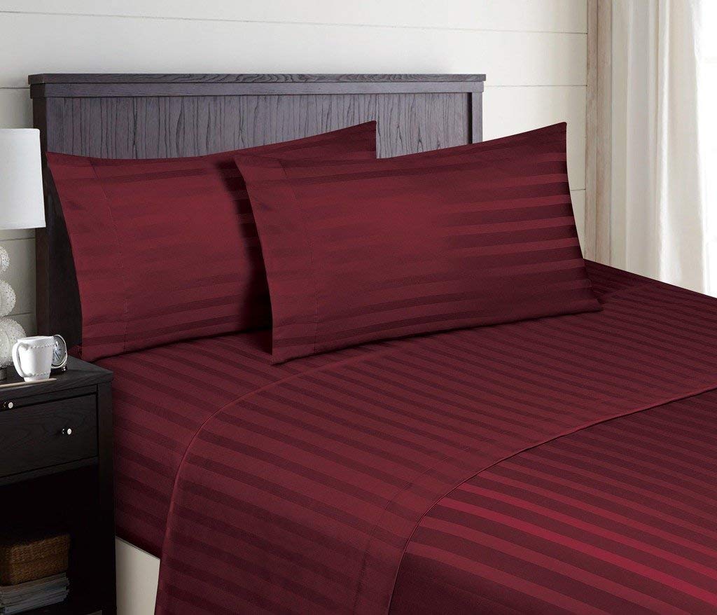 Elegant Linen StoreElegant Linen Store,4 Pcs Sheet Set 100% Egyptian Cotton Stripe Pattern 300 TC 6-10 Inch Deep Pocket Size (Twin XXL Color Burgundy)