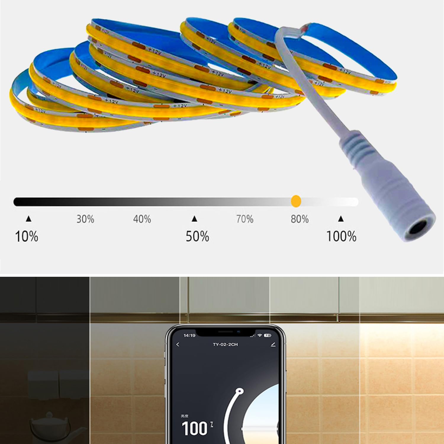 Striscia LED COB 10 metro (2x 5m) Bianco Freddo 6000K, controllata tramite WIFI, dimmerabile con alimentatore 12V & telecomando IR, autoadesiva, compatibile con APP Tuya