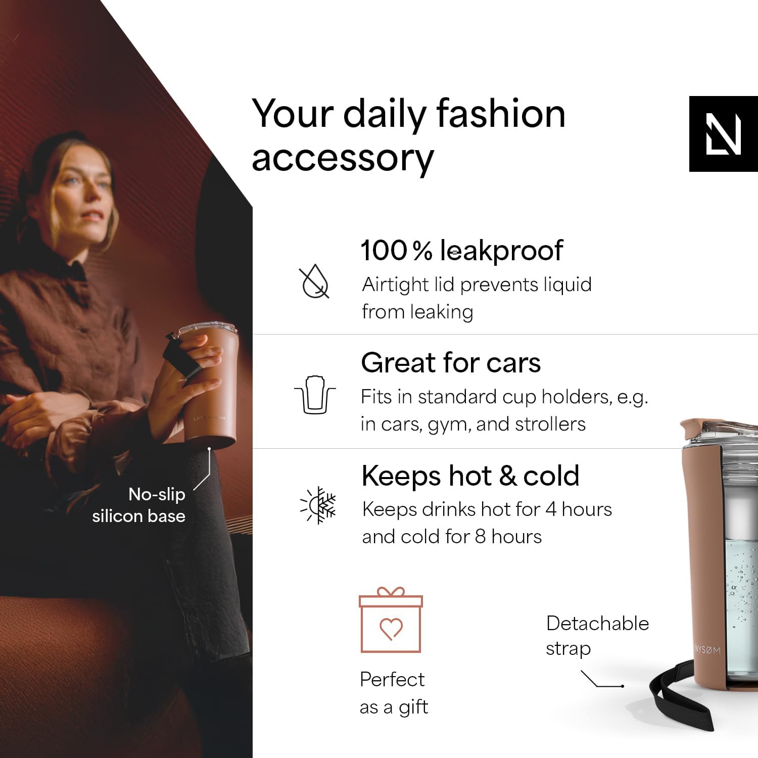 LARS NYSØM Thermo Coffee Mug to go with Strap 17oz | Travel Mug 0.5 Liter with Insulation | Leak Proof Stainless Steel Thermal Tumbler for Coffee and Tea to Go (Blush Rose, 17 oz) - Image 2