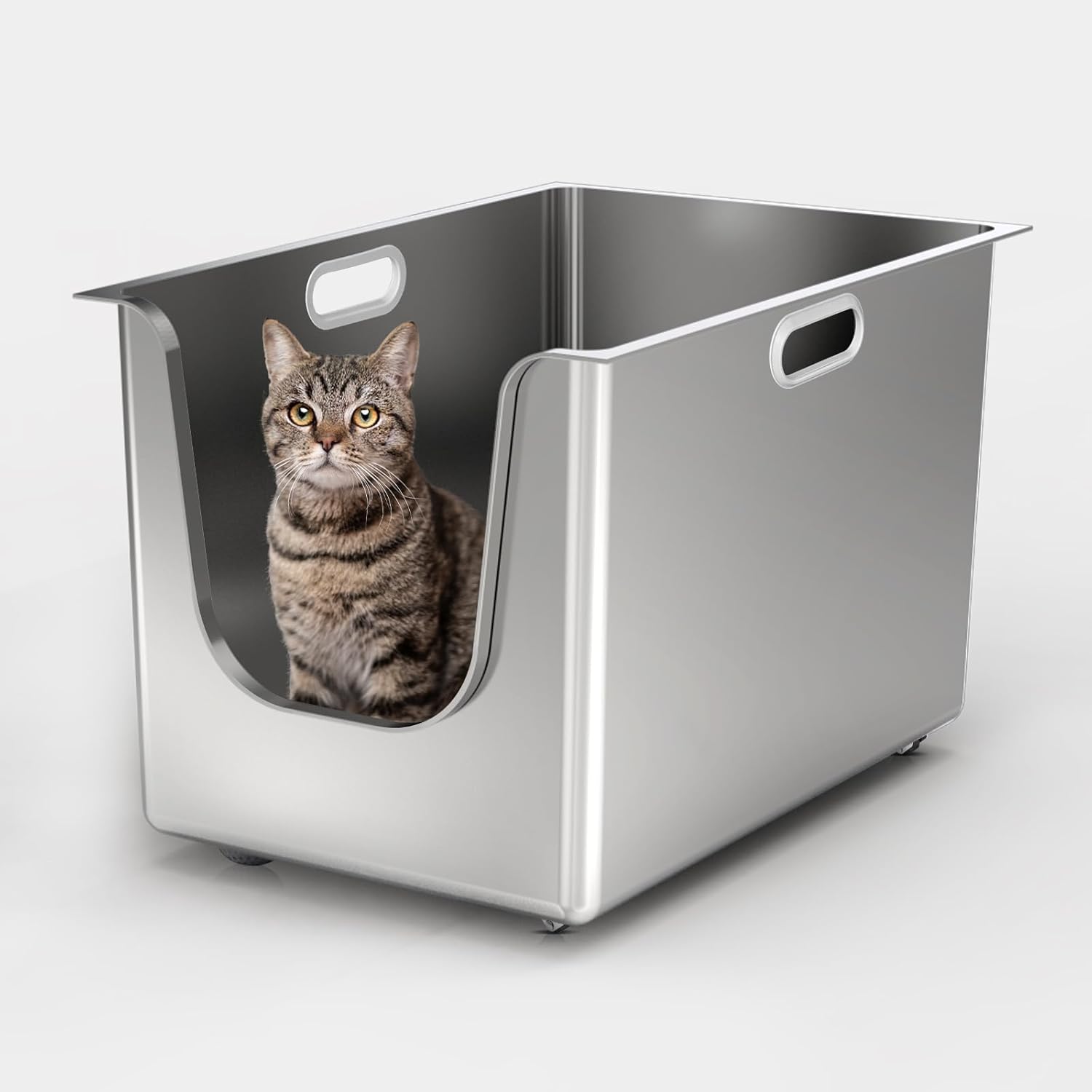 Stainless Steel Litter Box 13.7” High Sides, XL Metal Cat Litter Box with Curved Low Entry, Cat Litter Pan for Big & Multiple Cats, Pet Toliet with Handy Wheels for Easy Moving