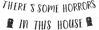 Theres some horrors in this house bannerï¼ŒBlack flash Horror themed banners, Halloween banners, tombstone themed banners, horror party supplies for children, boys, and girlsã€‚