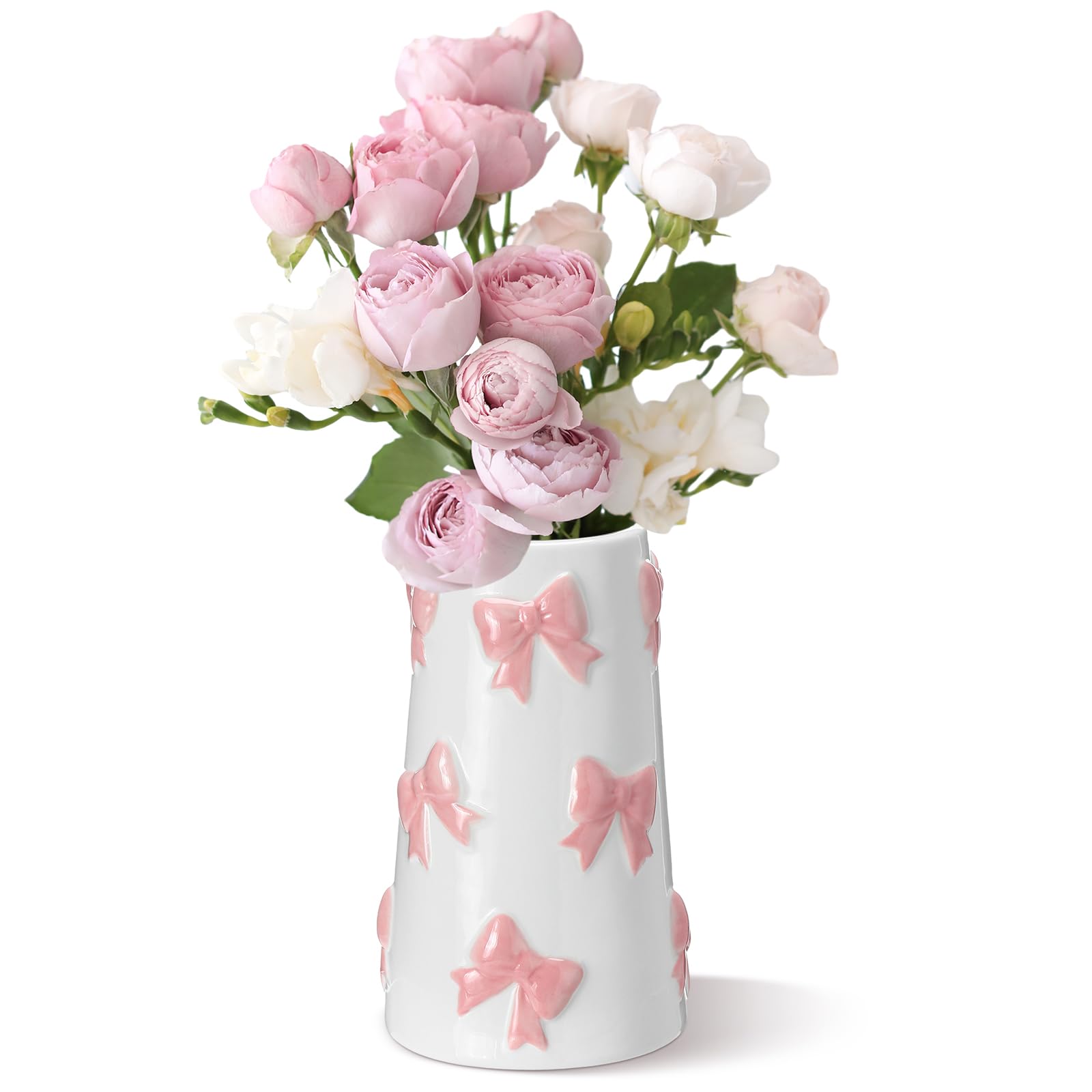 Vase céramique blanc 18cm grand nœud rose pour salon et maison