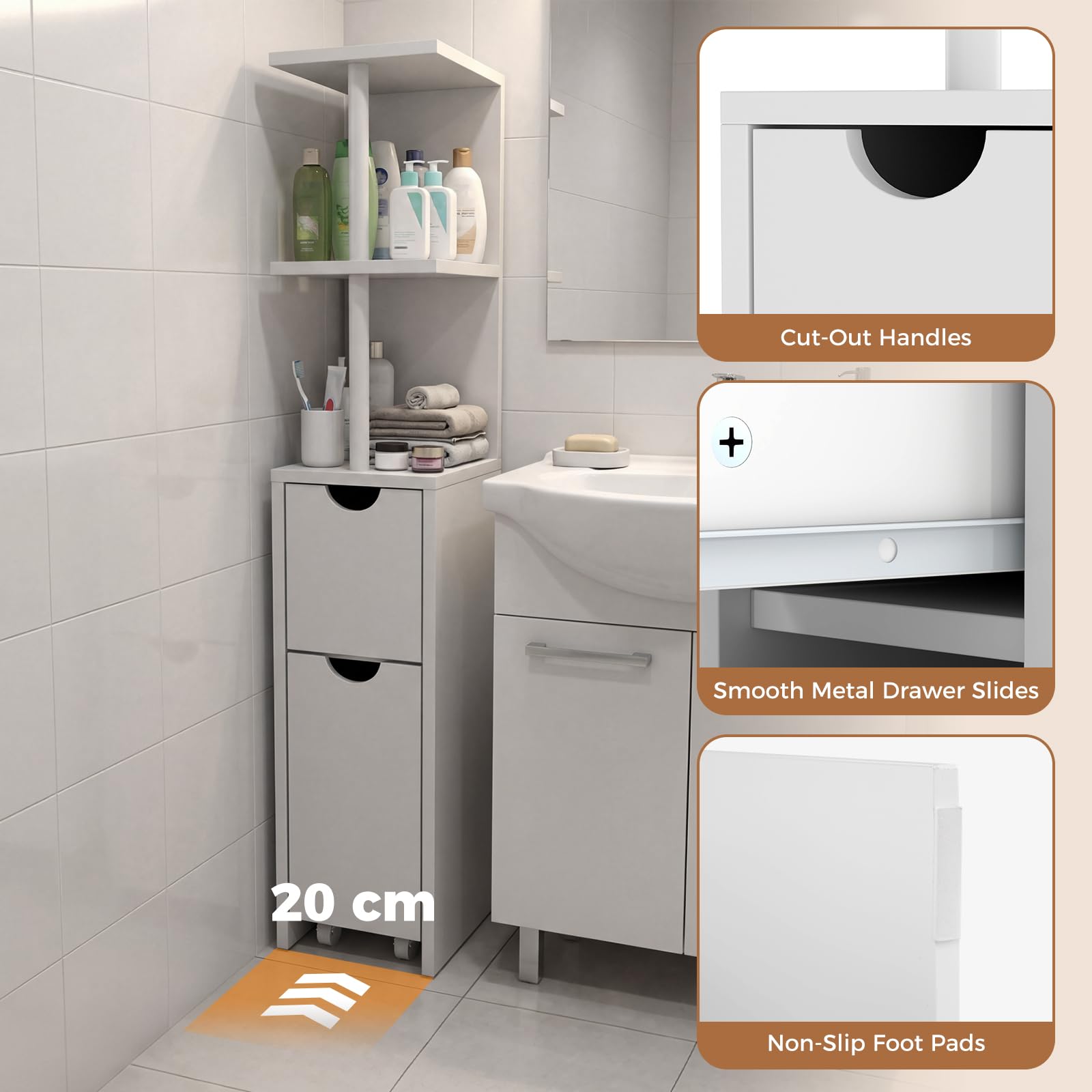 LIFEZEAL Meuble de Salle de Bain Étroit, Armoire de Rangement Haute avec Étagères Ouvertes et Tiroir sur roulettes, Meuble Colonne Autoportant pour Salon et Cuisine, Blanc, 45 × 20 × 114 CM