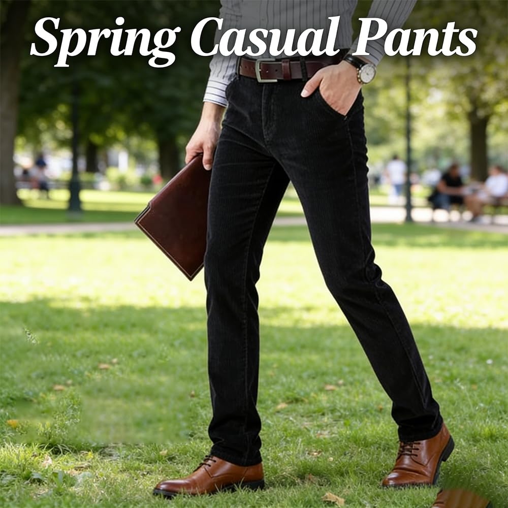 Pantalones de pana de pierna recta para hombre, pantalones de vestir ajustados de corte clásico, pantalones chinos elásticos cómodos casuales con bolsillos