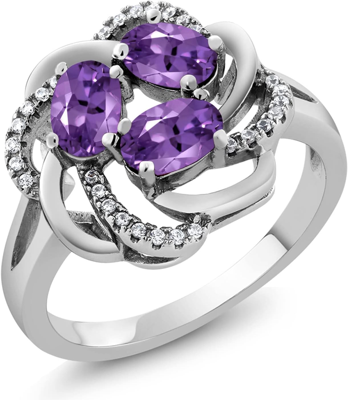 Gem Stone King 3-Stone Flower Blossom Gemstone Birthstone Ring for Women | 925 Sterling Silver | Oval 6X4MM | Wedding Anniversary Engagement Promise Ring | Available In Size 5, 6, 7, 8, 9