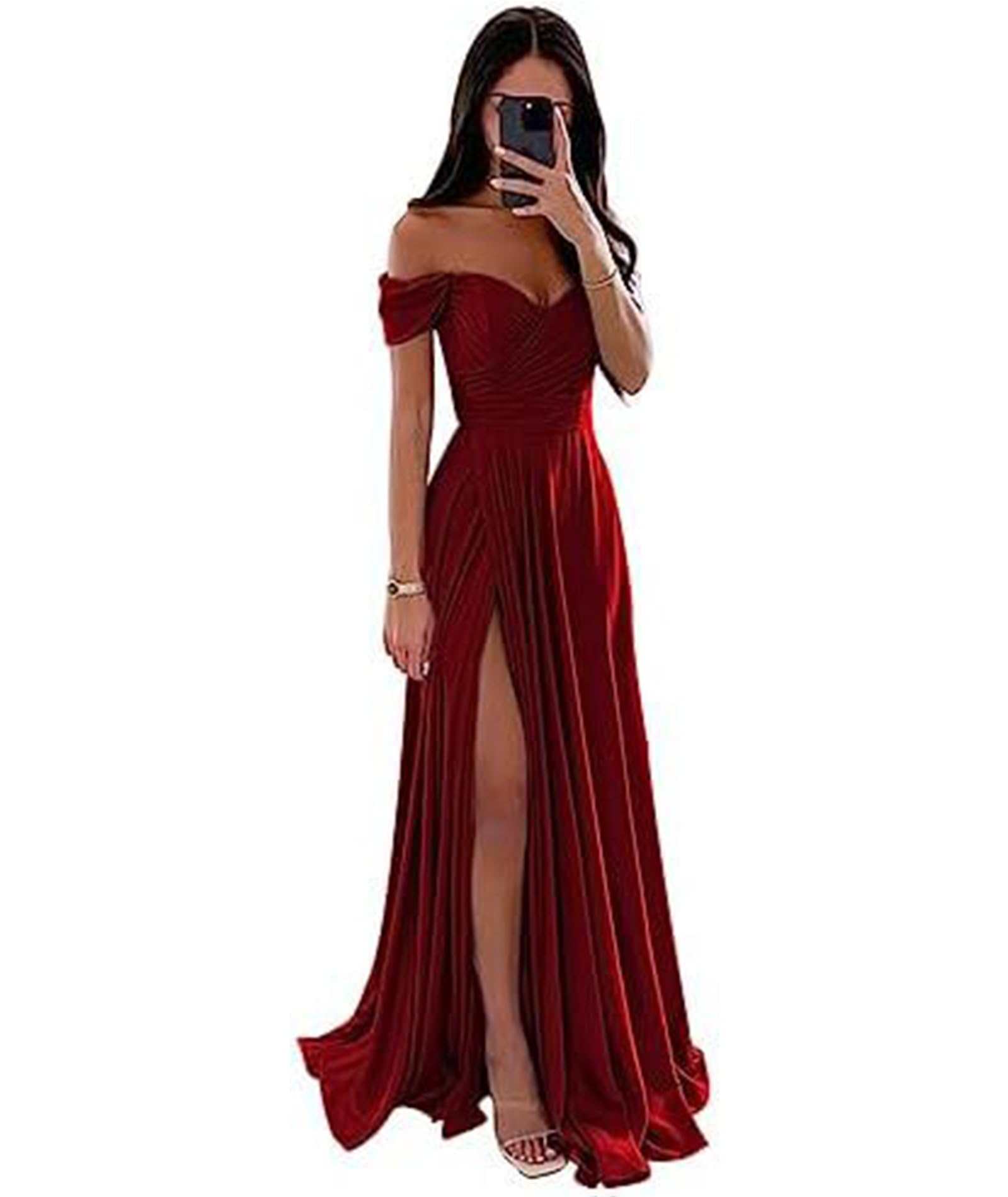 ECDAHICC Vestido de dama de honor sin hombros para mujer, de satén, con abertura larga, elegante, formal, línea A, vestido de boda y fiesta, granate, XL