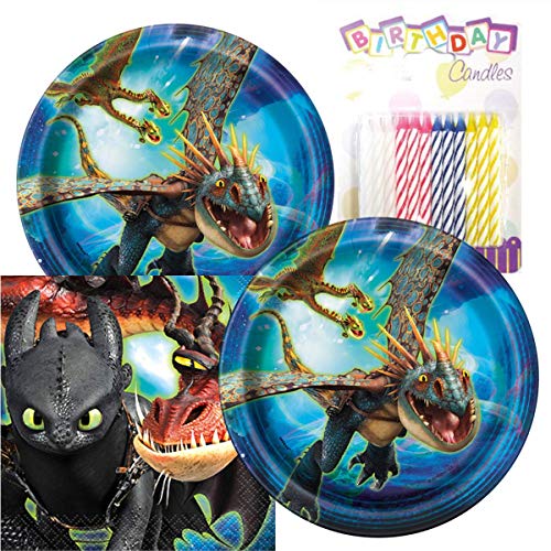 How to Train Your Dragon The Hidden World Birthday Party Pack – Includes 7” Paper Plates & Beverage Napkins Plus 24 Birthday Candles – Serves 16