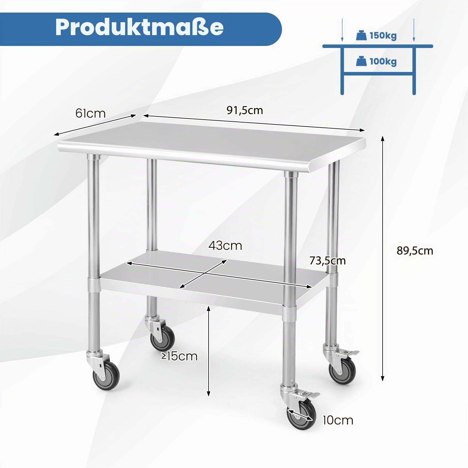 KOMFOTTEU Arbeitstisch Edelstahl, Edelstahltisch mit Rollen höheverstellbar, Küchentisch Speisezubereitungstisch 2 Ebene, Zerlegetisch 250kg belastbar für Restaurant Küch (91,5x61x89,5 cm)