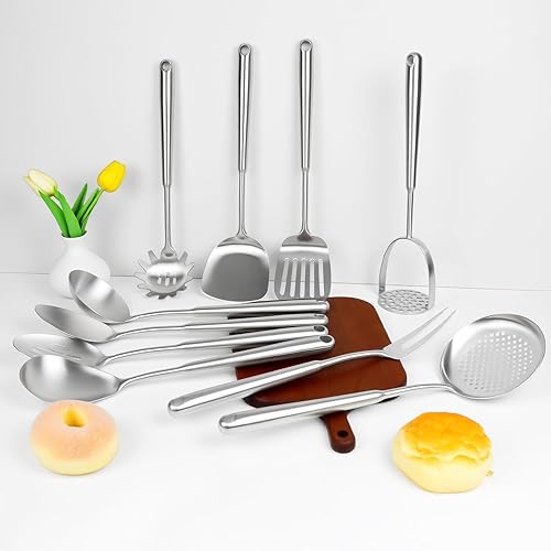 Miniatura 4 de Juego de utensilios de cocina de acero inoxidable 1810, juego de 10 utensilios de cocina de metal para wok, juego de herramientas de cocina viene