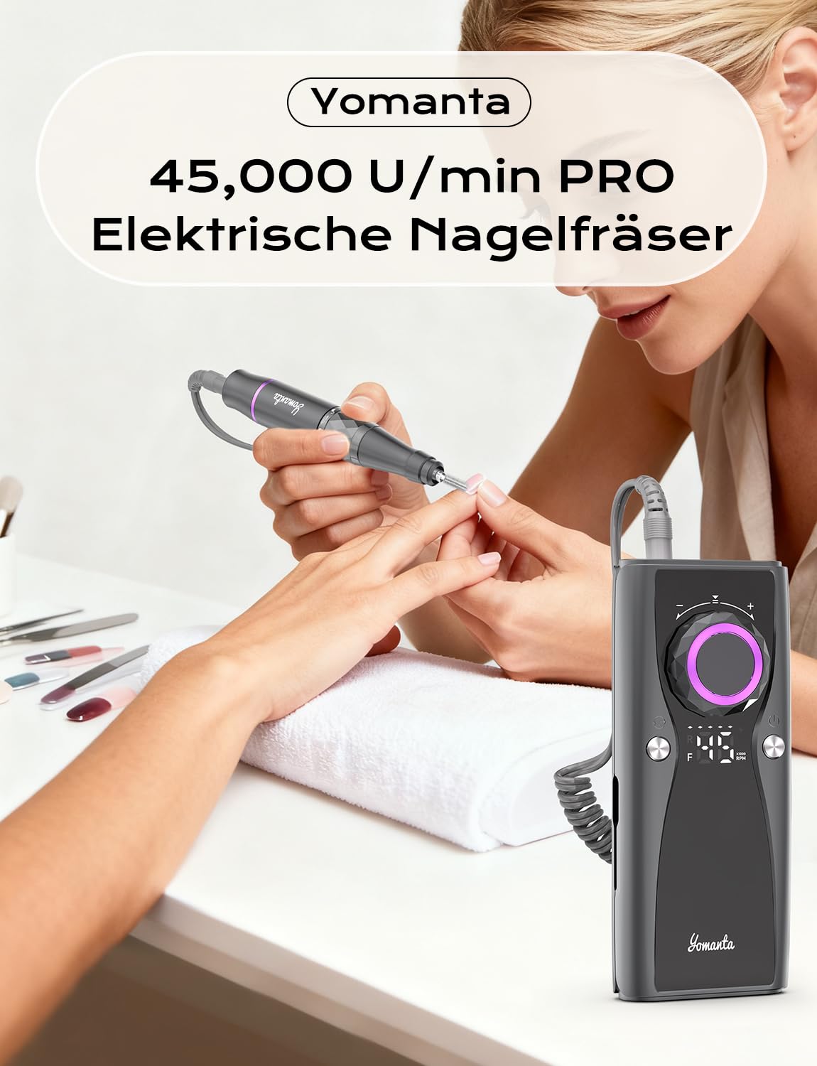 yomanta Nagelfräser Professionell set 45000 RPM Tragbare Elektrische Nagelfräser 10H+Batterielebensdauer Wiederaufladbar Nagelfräser für Gelnägel, LCD-Anzeige Einstellbare Drehrichtung