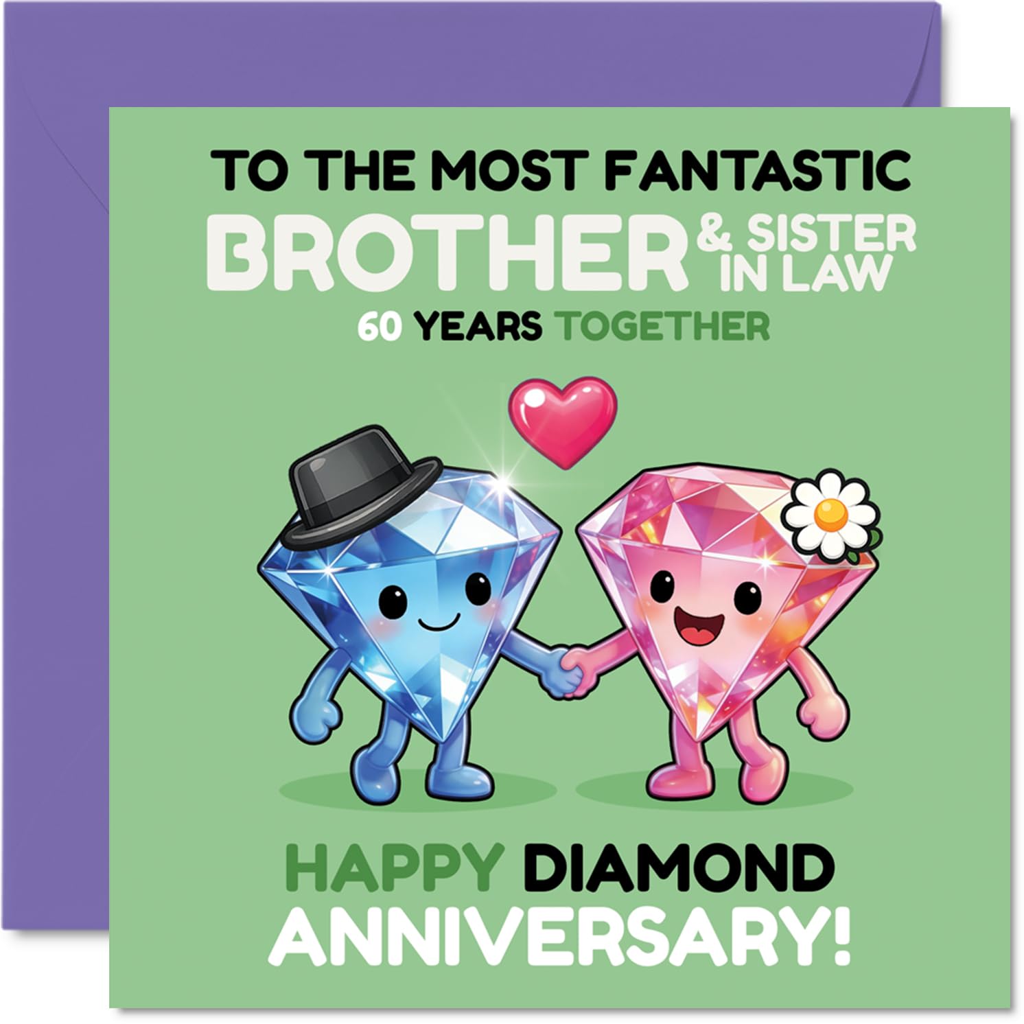 Cute 60th Anniversary Card for Brother & Sister in Law - Sixty Sparkling Years Together - Adorable Diamond Duo Holding Hands - 145mm Square, Envelope Included