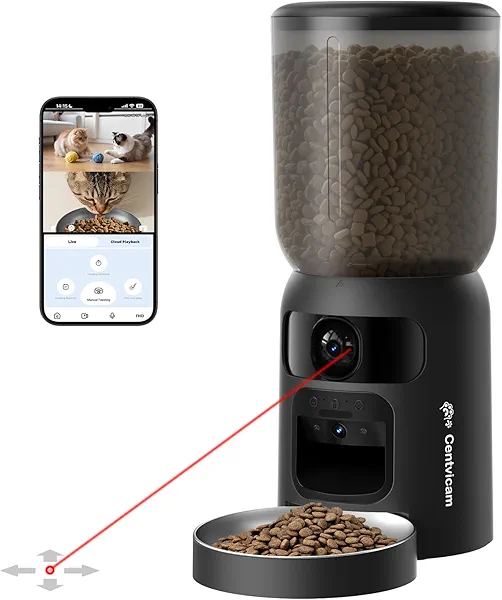 Centvicam Automatic Cat Feeder with Dual 2K HD Camera, Smart Pet Food Dispenser for Timed Meals, APP Control Laser Interactive Toy Treat Feeders with 2.4G / 5G WiFi, Black