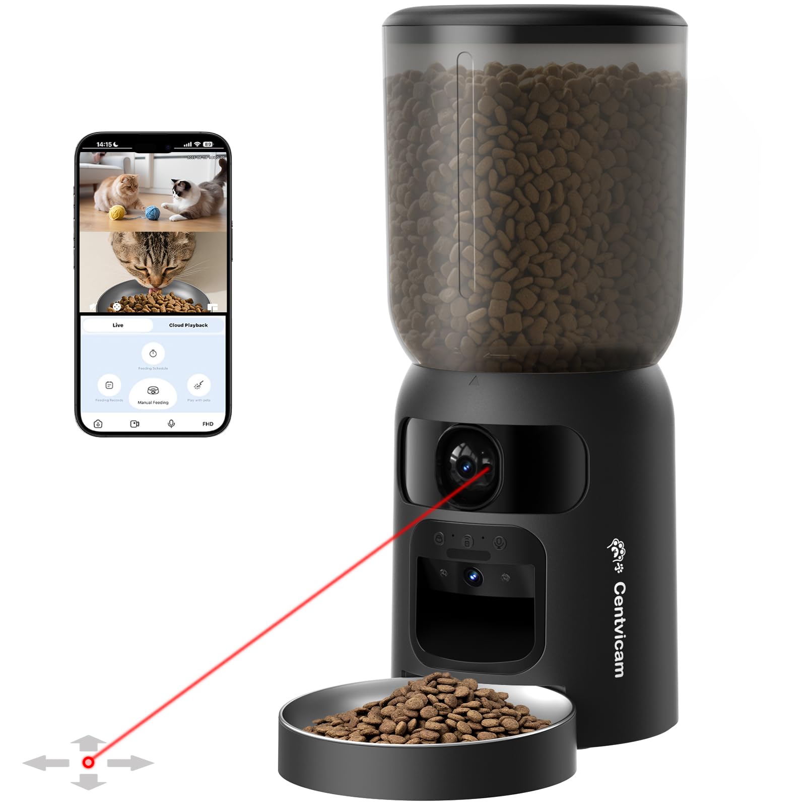 Automatic Cat Feeder with Dual 2K HD Camera, Smart Pet Food Dispenser for Timed Meals, APP Control Laser Interactive Toy Treat Feeders with 2.4G / 5G WiFi, Black