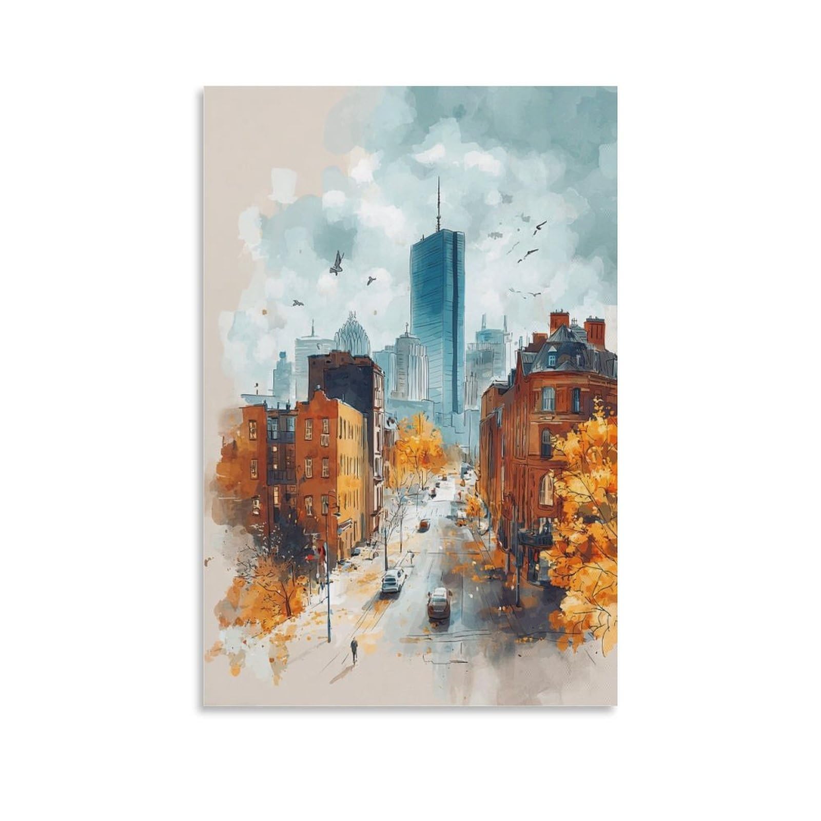 LCYNNH Boston Watercolor Print Autumn Cityscape Posters 16x24inch(40x60cm) Print Home Bedroom Office Living Room Decor Canvas