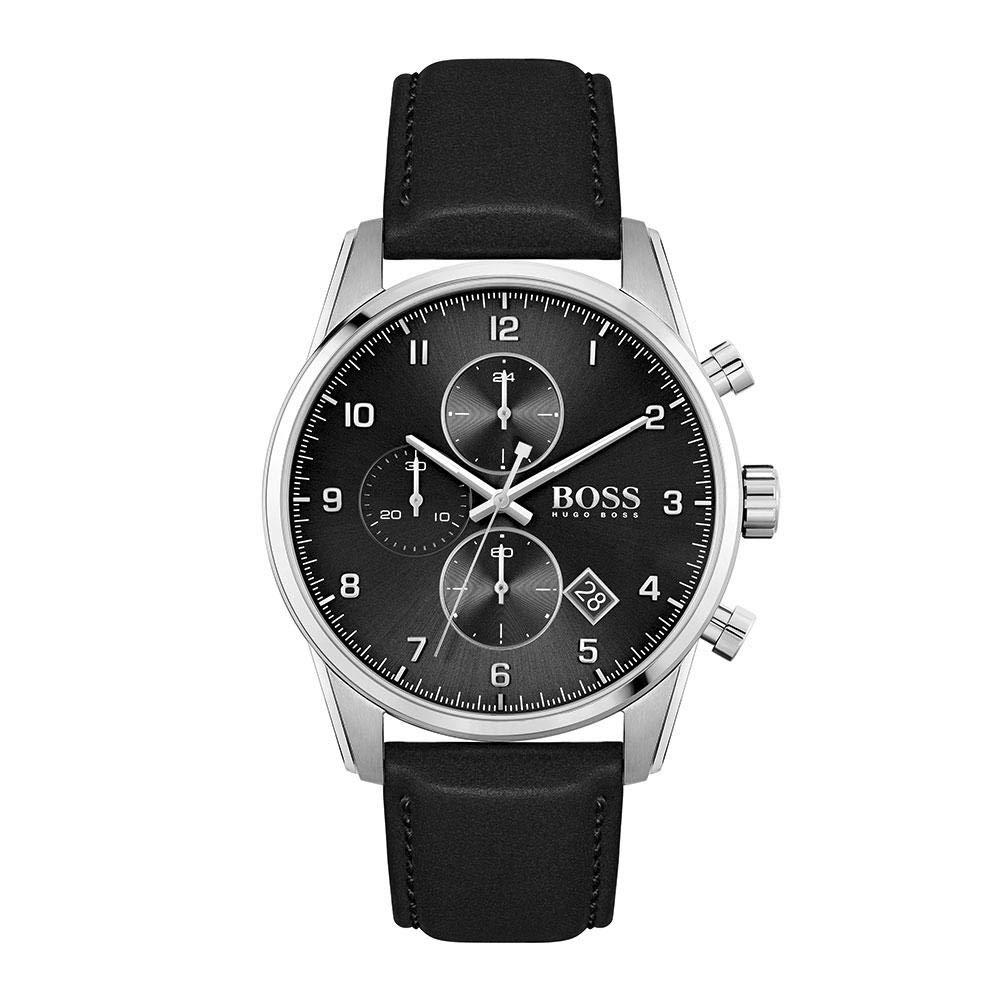 HUGO Black Men's Stainless Steel Quartz Watch with Black Leather Strap, Black, 22