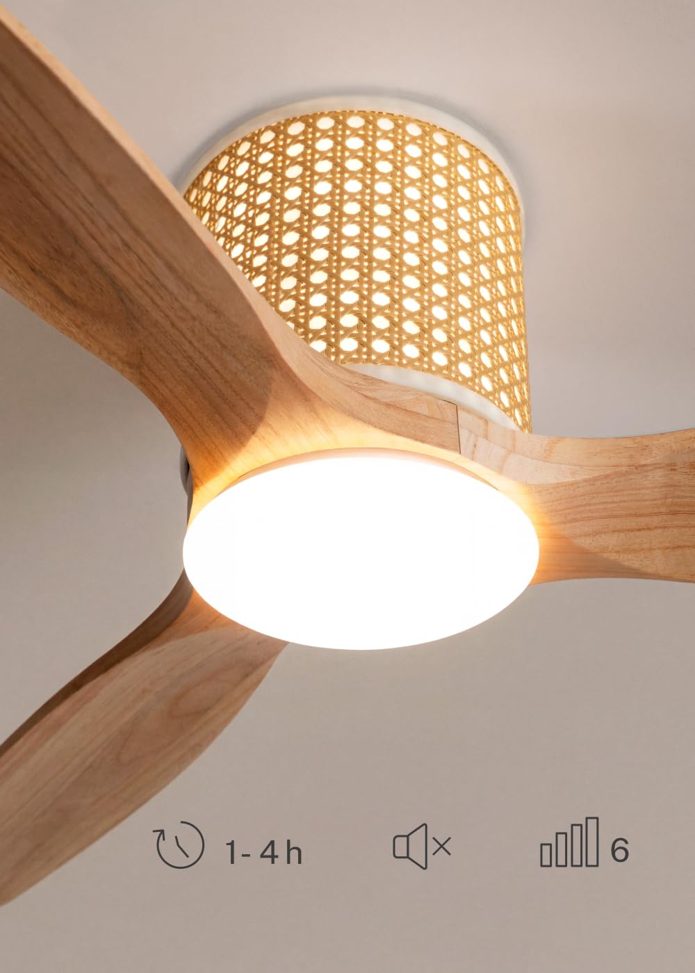 CREATE / WINDCALM RATTAN/Ventilateur de plafond avec lumière en bois naturel avec télécommande / 40W, Silencieux, Ø132 cm, double lumière, 6 vitesses, lumière LED 3 températures, fonction été-hiver