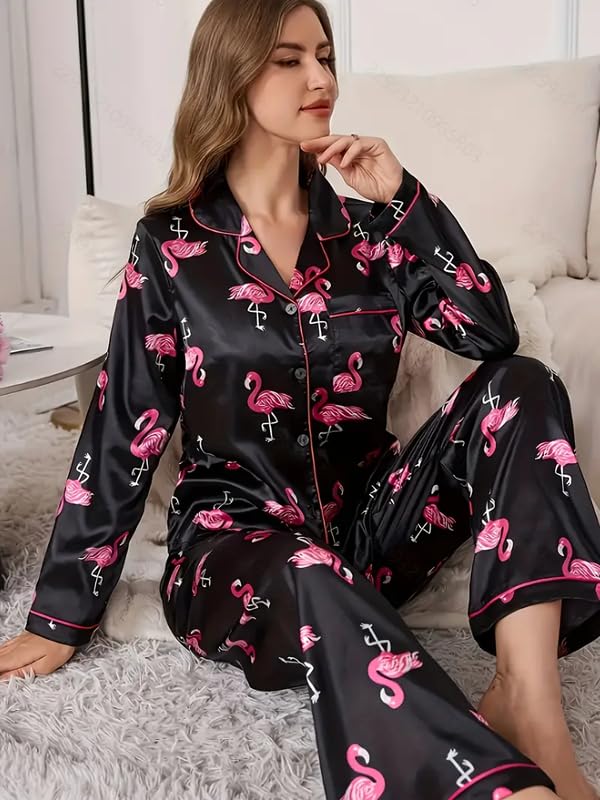 Image of Night Suit for Women with Full Sleeve Button-Down Top with Pant Dress for Woman,Night Dress for Woman, Two-Piece Loungewear Set