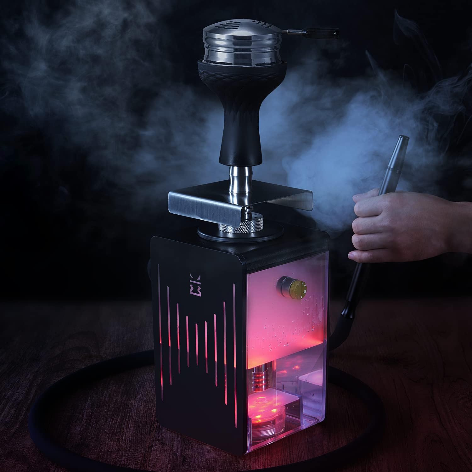 Travel Hookah Set with Everything - Modern Acrylic Hookah Come in Carriage Bag Include Charcoal Heat Management Device Silicone Hose Phunnel Bowl Handle and Magic LED Light Easier Pull and Cleaning