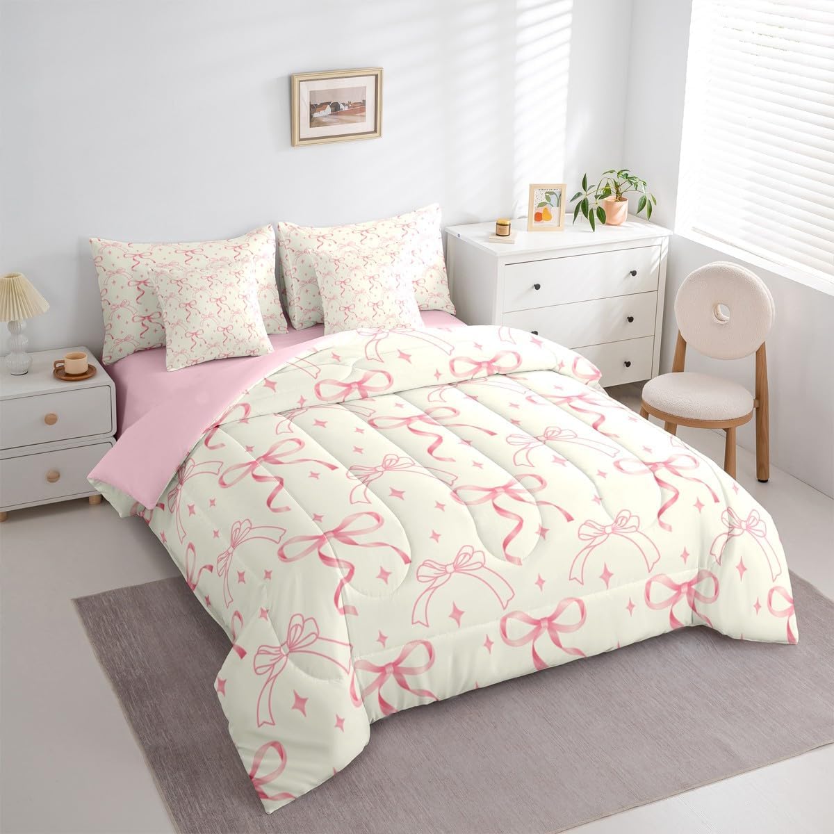 Erosebridal Kawaii Bow 7 Piece Bedding Set Full Pink Bowknot Comforter Set with Sheets Yellow Simple Bows Bed in a Bag Dreamy Preppy Coquette Bed Sets Cute Aesthetic Geometric Comforter